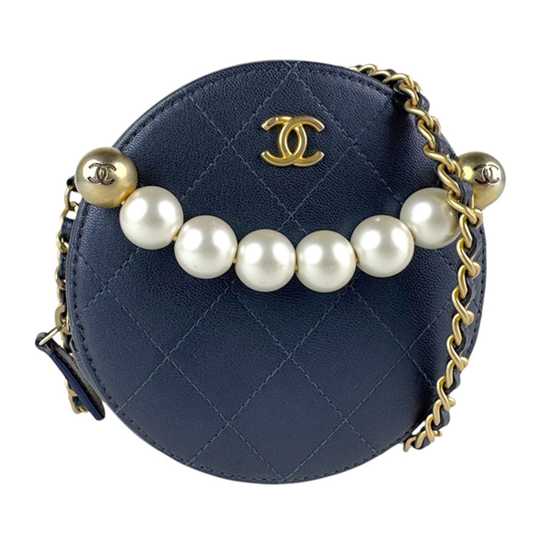 CHANEL Shoulder Bag Leather with Faux Pearls and Blue