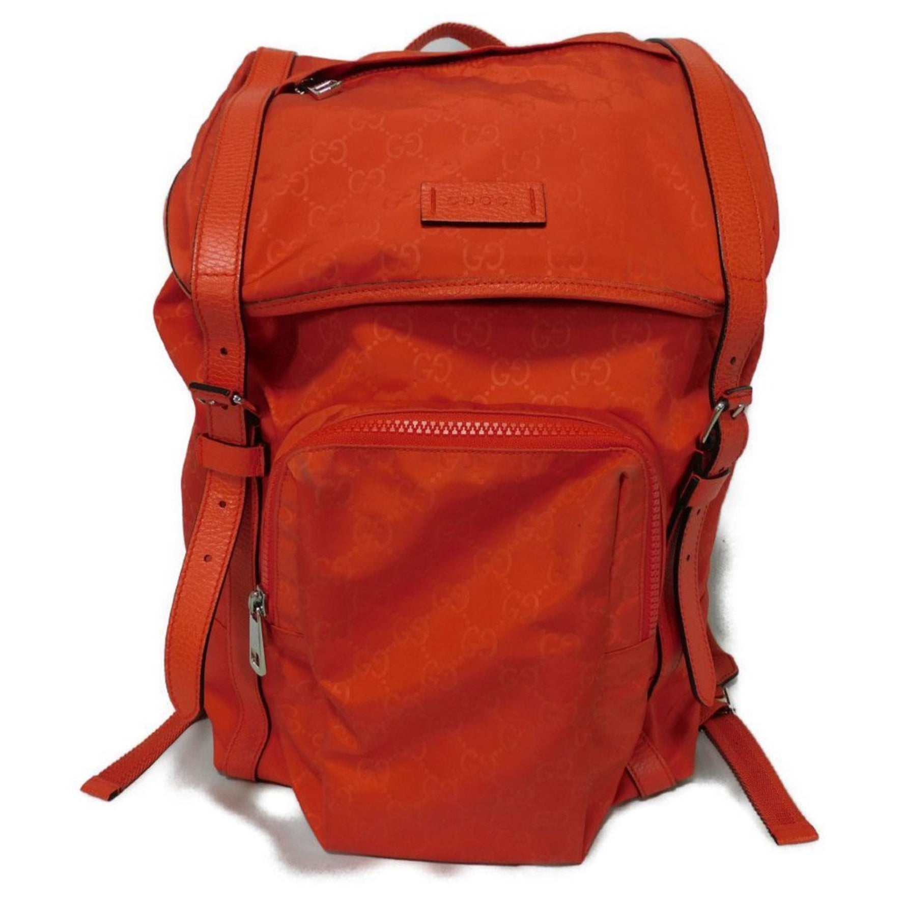 Gucci GG Nylon Daypack with Double G Calfskin Drawstring Embossed Backpack in Orange Red