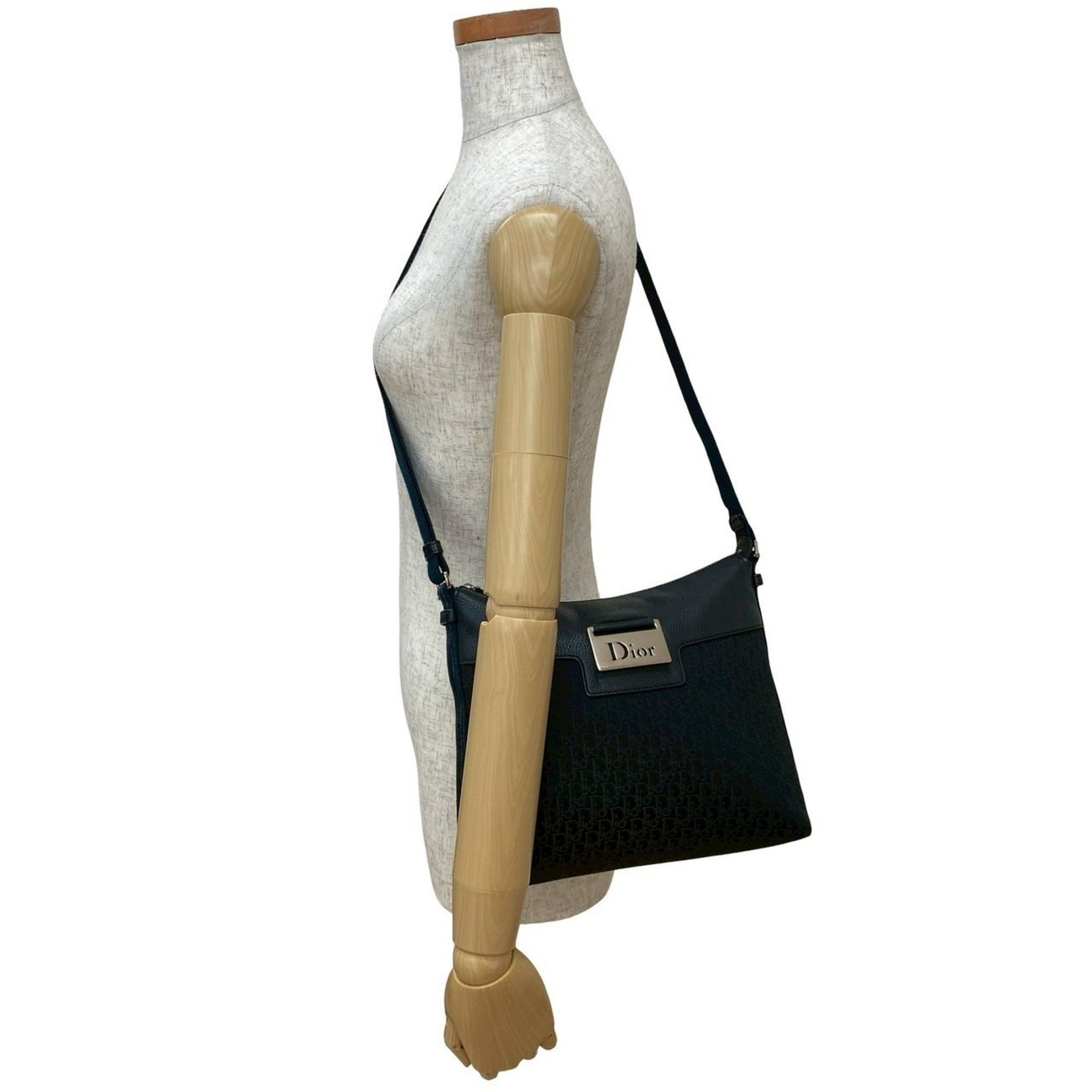 Christian Dior Black Shoulder Bag with Trotter Pattern, Genuine Leather and Canvas, Logo Hardware