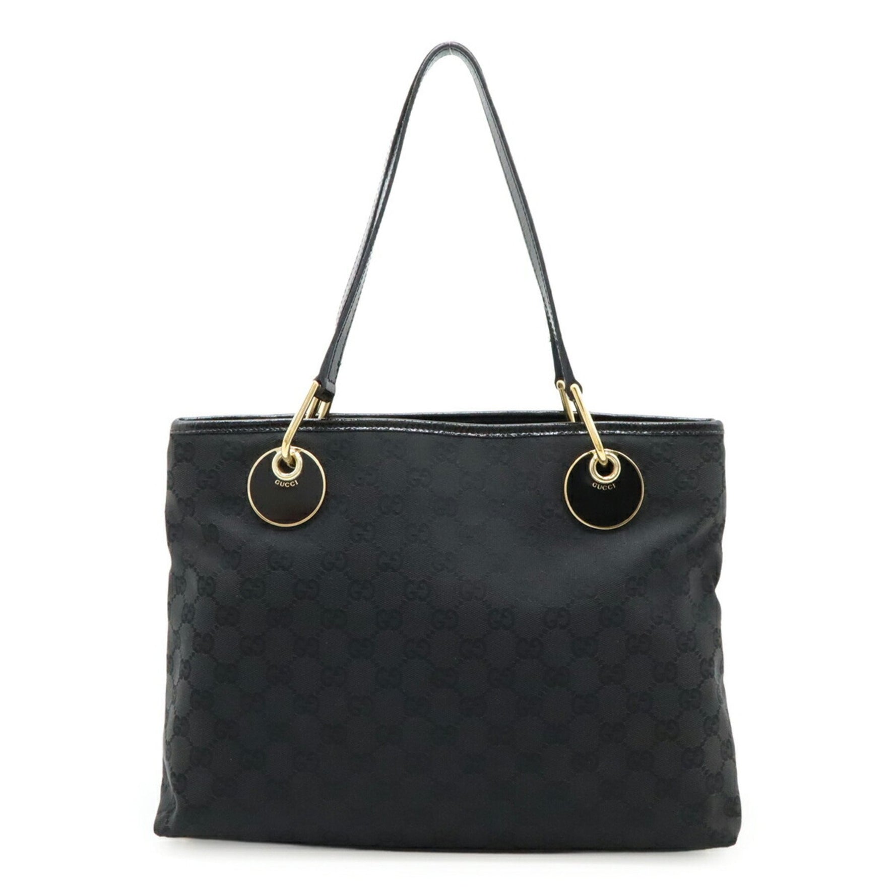 GUCCI GG Canvas Tote Bag Shoulder Patent Leather Black