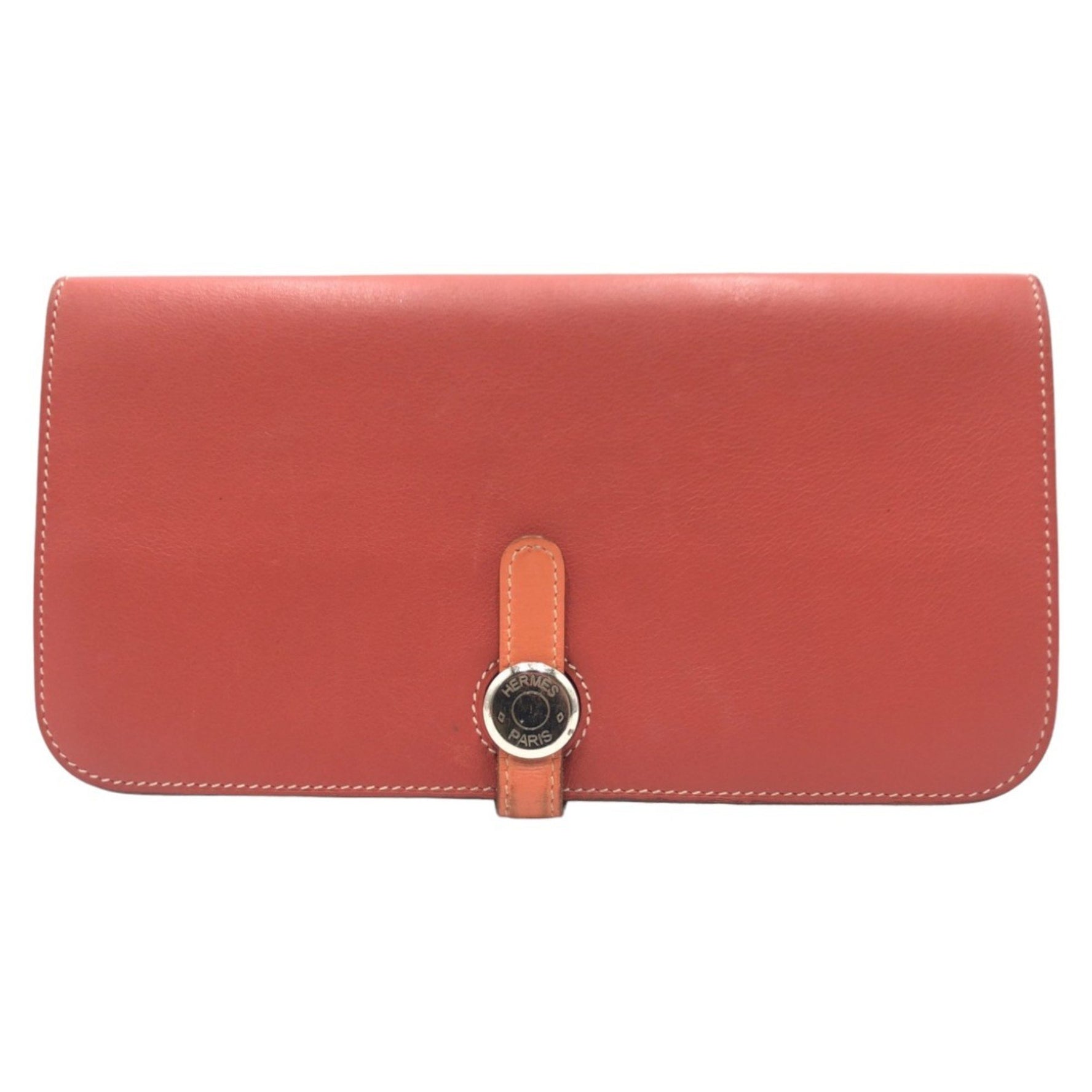 HERMES Dogon Long Red Sanguine Crevette Leather Wallet O Stamp