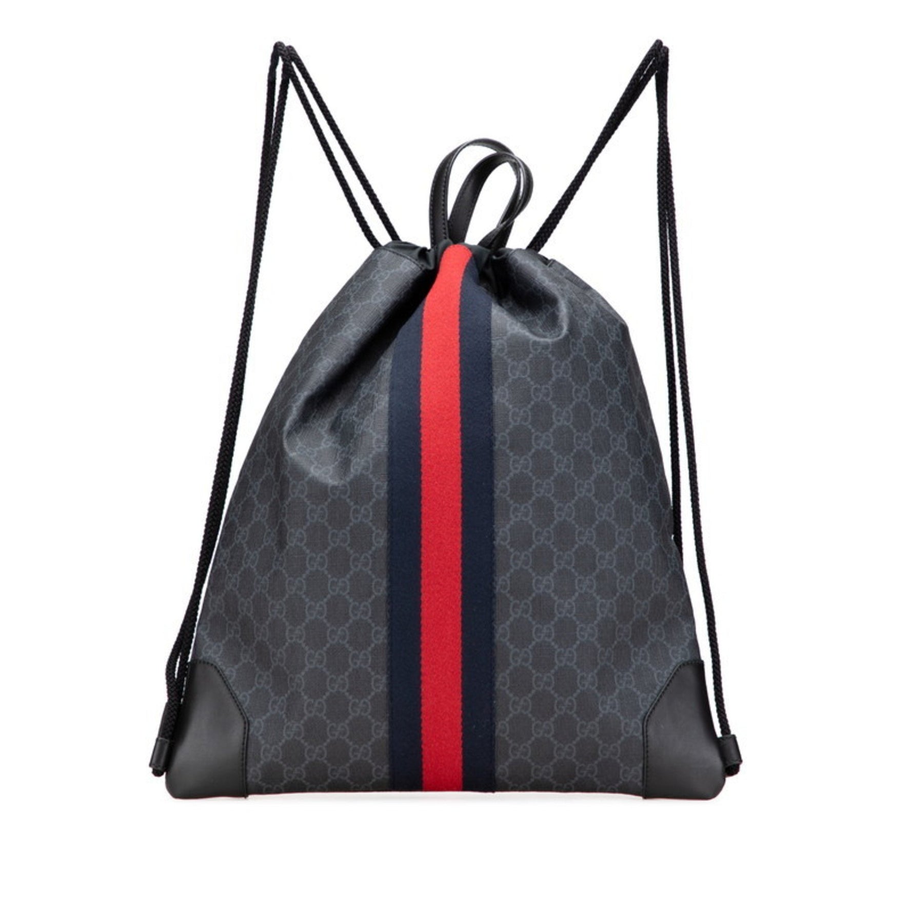 Gucci GG Supreme Sherry Line Drawstring Backpack Gray Black Leather