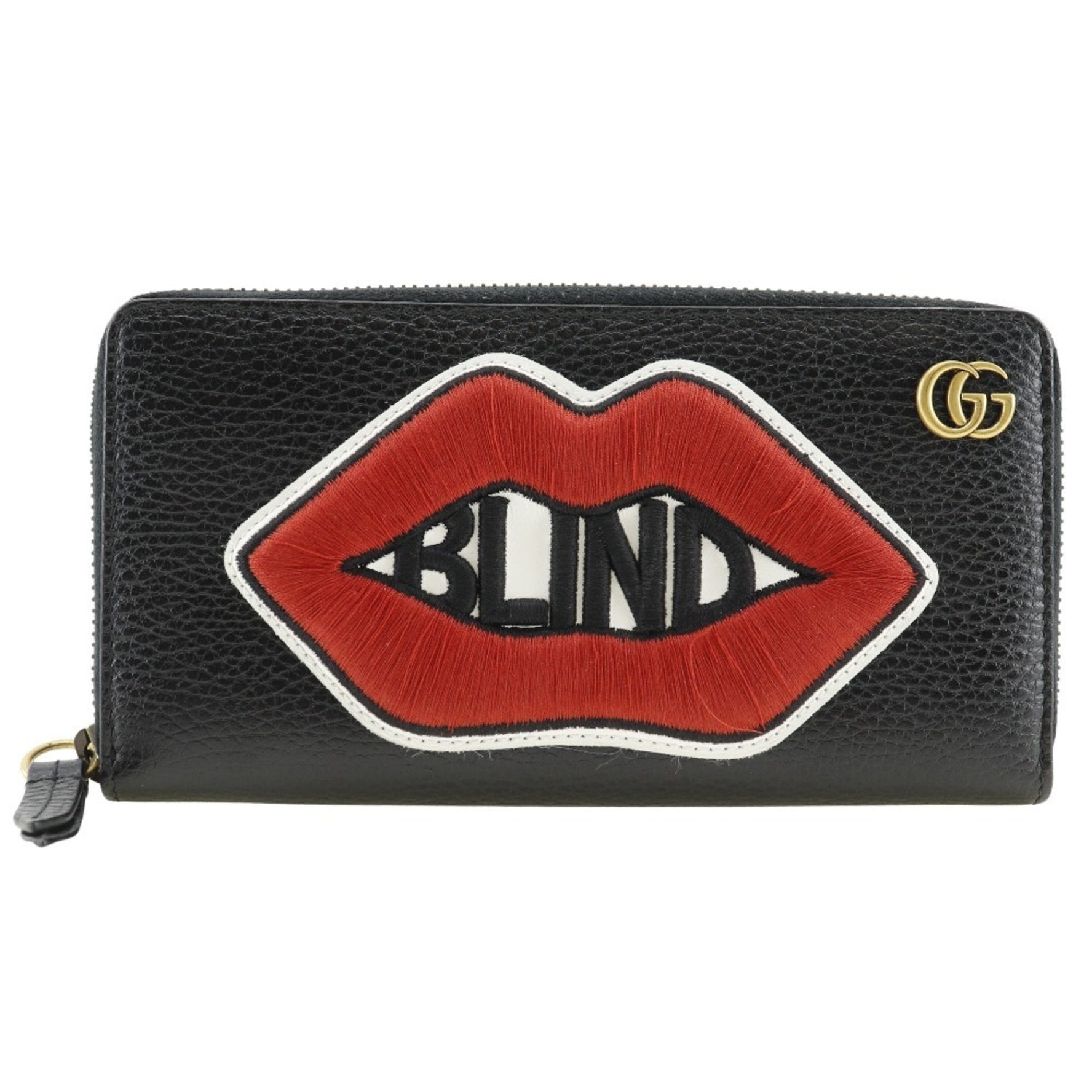 GUCCI Round Long Wallet Embroidered GG Marmont Leather Black Zip Around Unisex