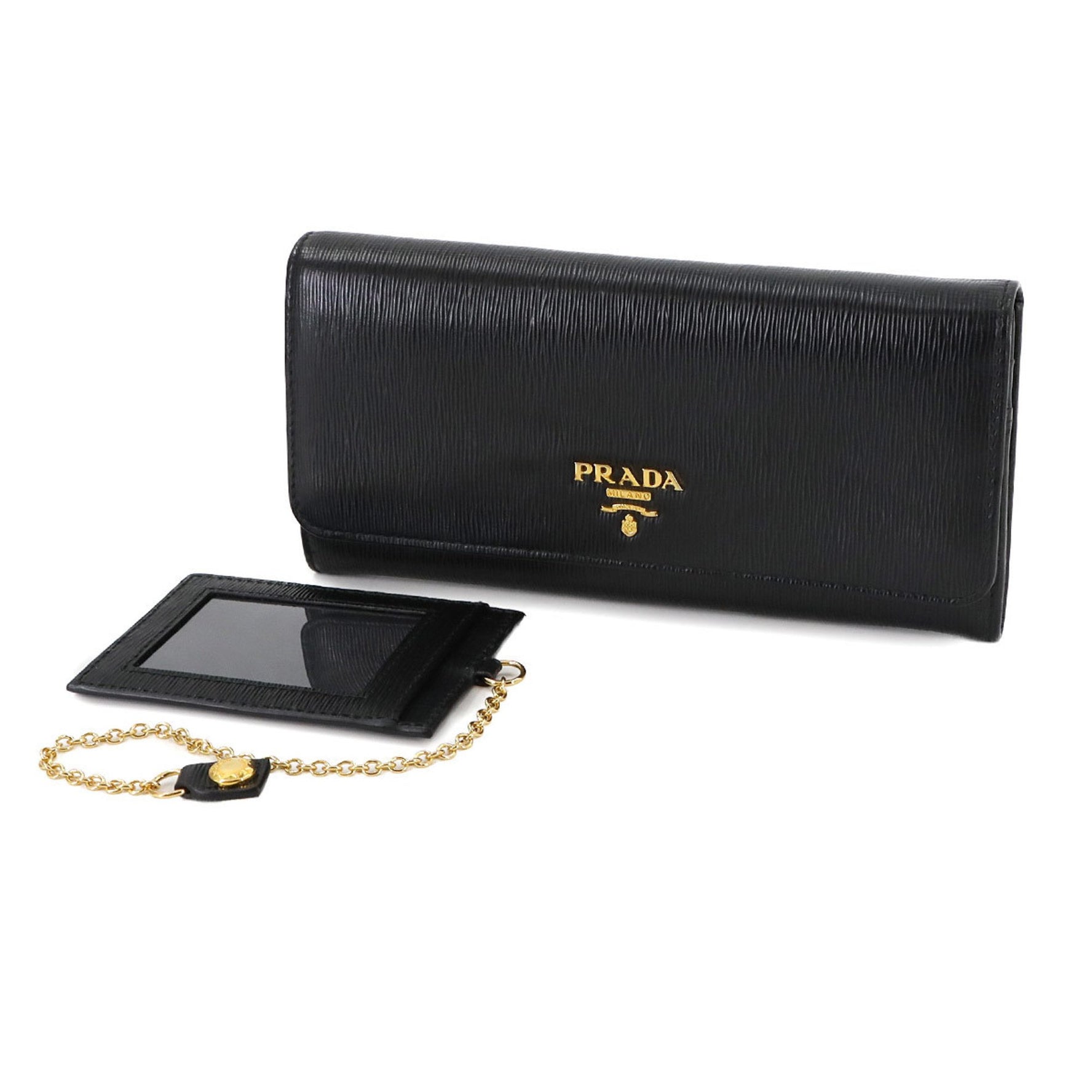 Prada PRADA Bifold Long Wallet, Black Leather, 1MH132, with Gold Hardware