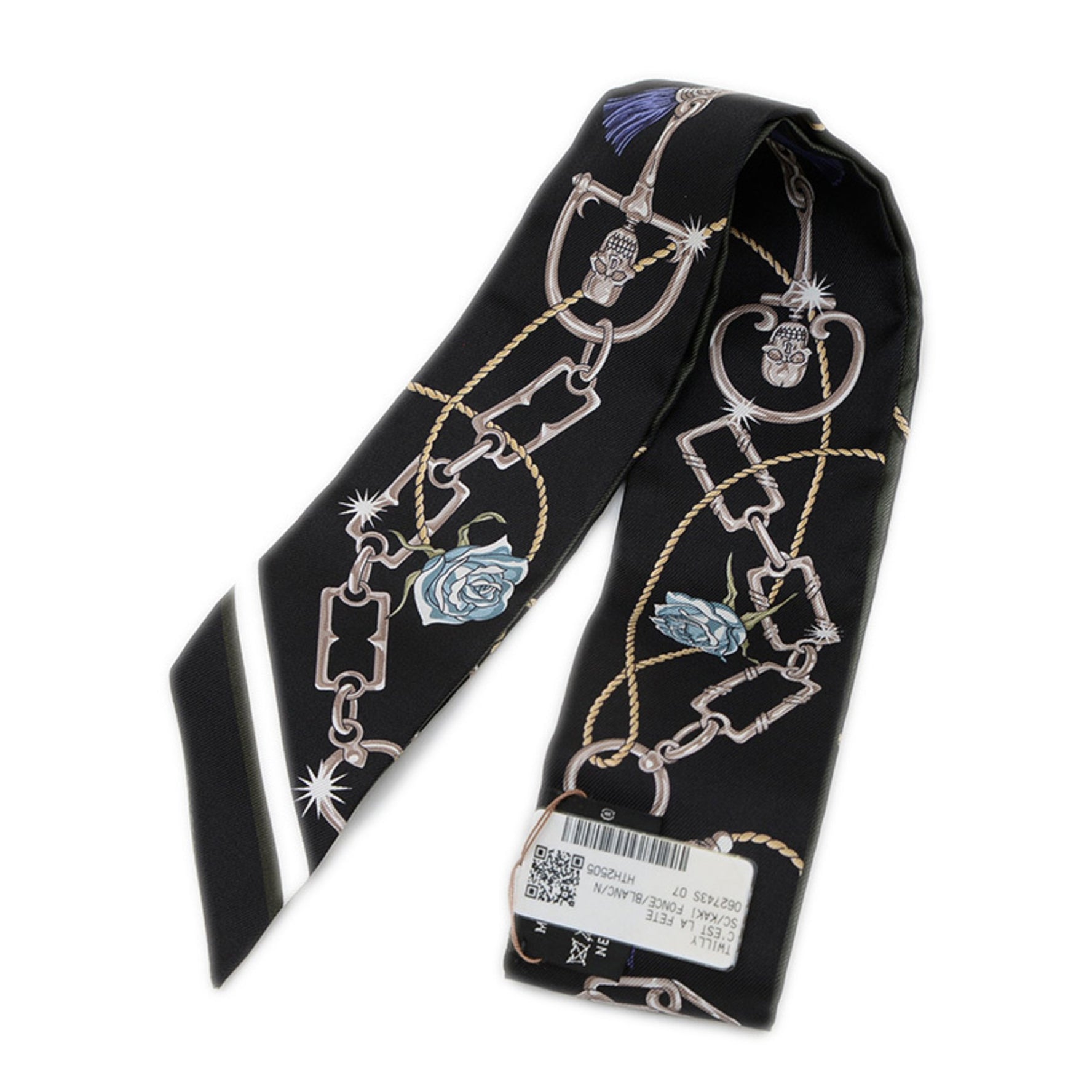 Hermes Hermès Twilly Scarf/Muffler, Seraphet Silk, Khaki Fonce, White, Black, BP