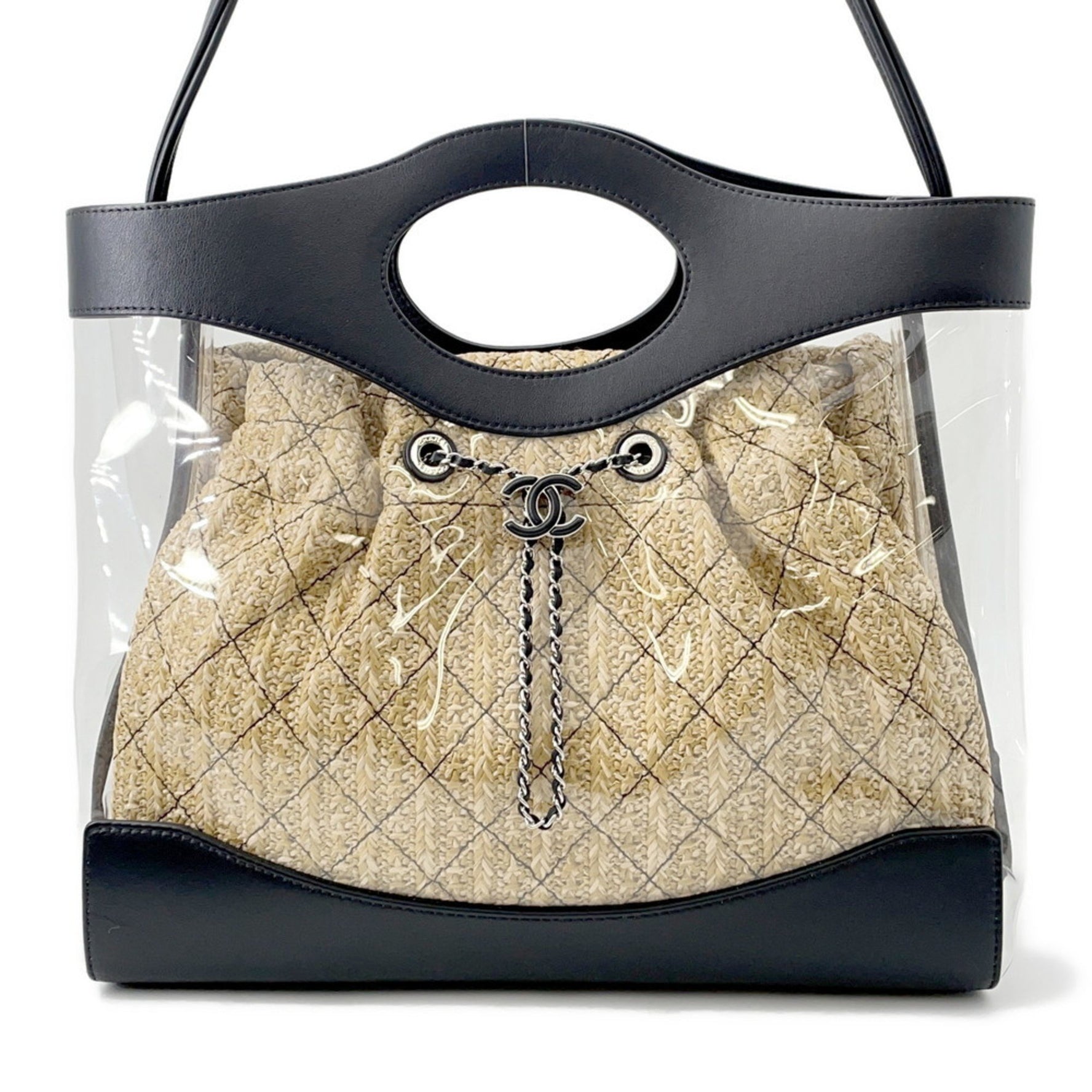Chanel Matelasse Coco Mark Vinyl Raffia Tote Bag Black