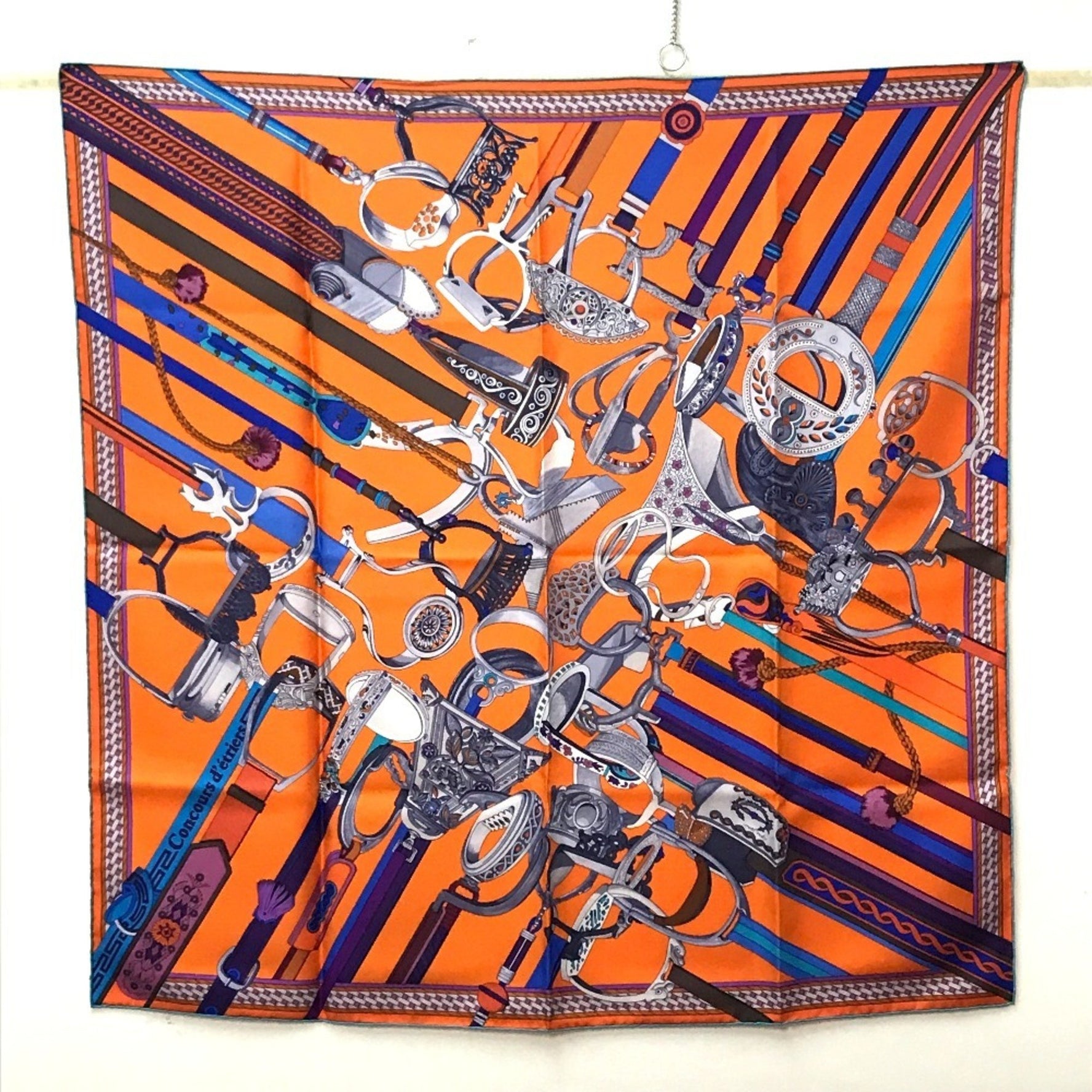 HERMES Concours detriers Carré 90 Scarf, Silk, Orange, Purple, and Blue, Like New