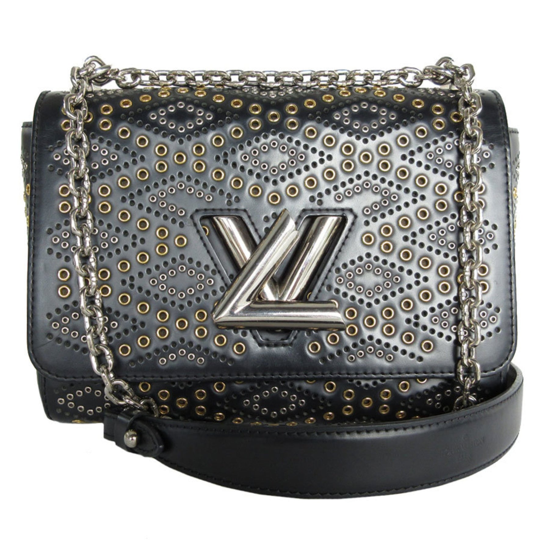 Louis Vuitton Shoulder Bag Twist MM Leather Metal Black Silver Gold