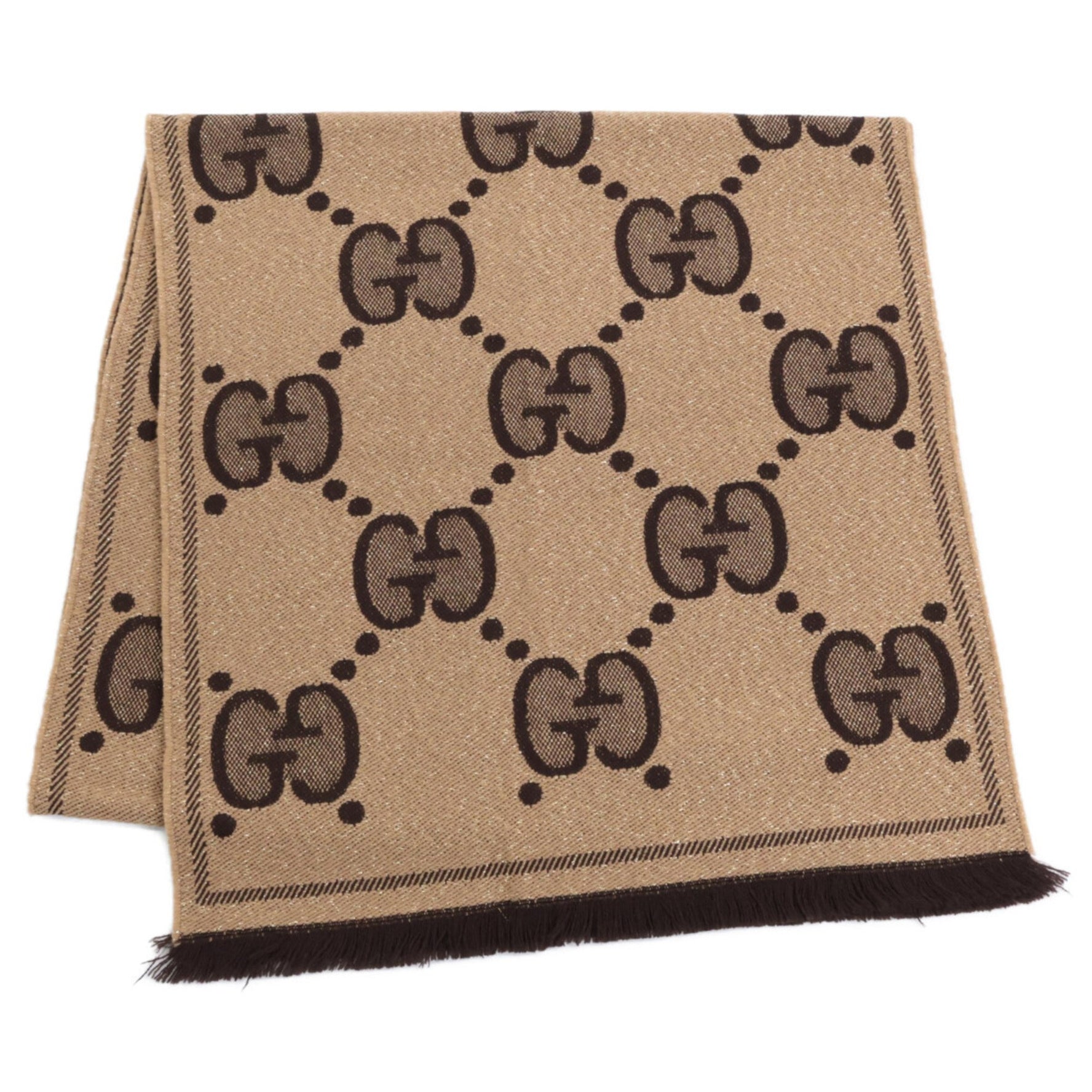 GUCCI GG Lamé Jacquard Fringe Scarf, 45 x Beige/Dark Brown