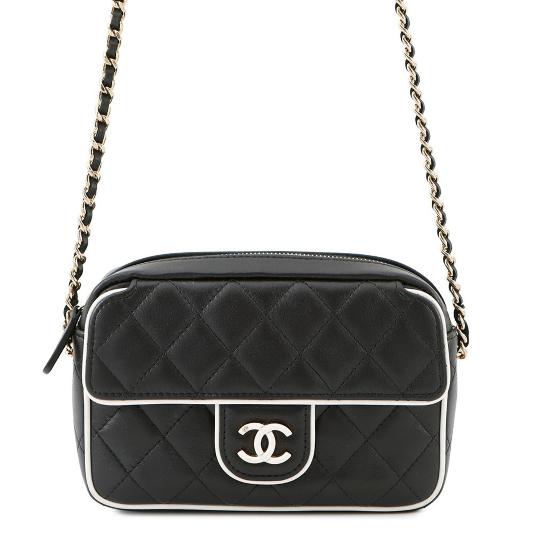 Chanel Chain Shoulder Bag, Matelasse, Coco Mark, Clutch, Lambskin, Black and White