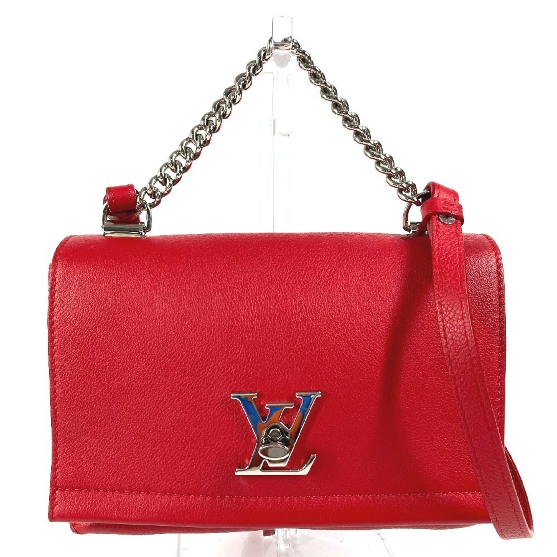 LOUIS VUITTON Lockme 2 BB Bag, Chain Shoulder Handbag, Calfskin Leather, Ruby Red