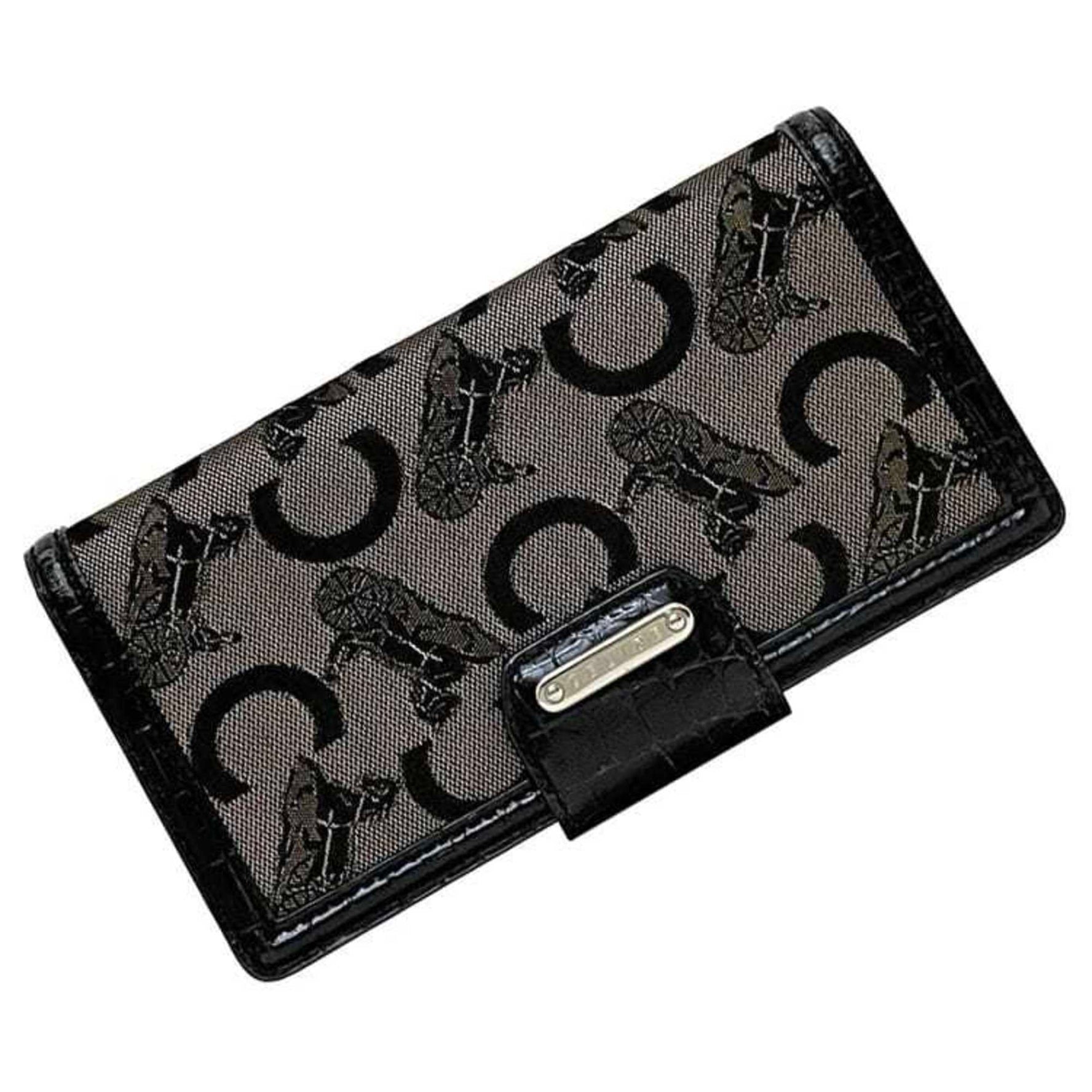 Celine Bifold Long Wallet Black Beige Carriage Pattern C Canvas Leather