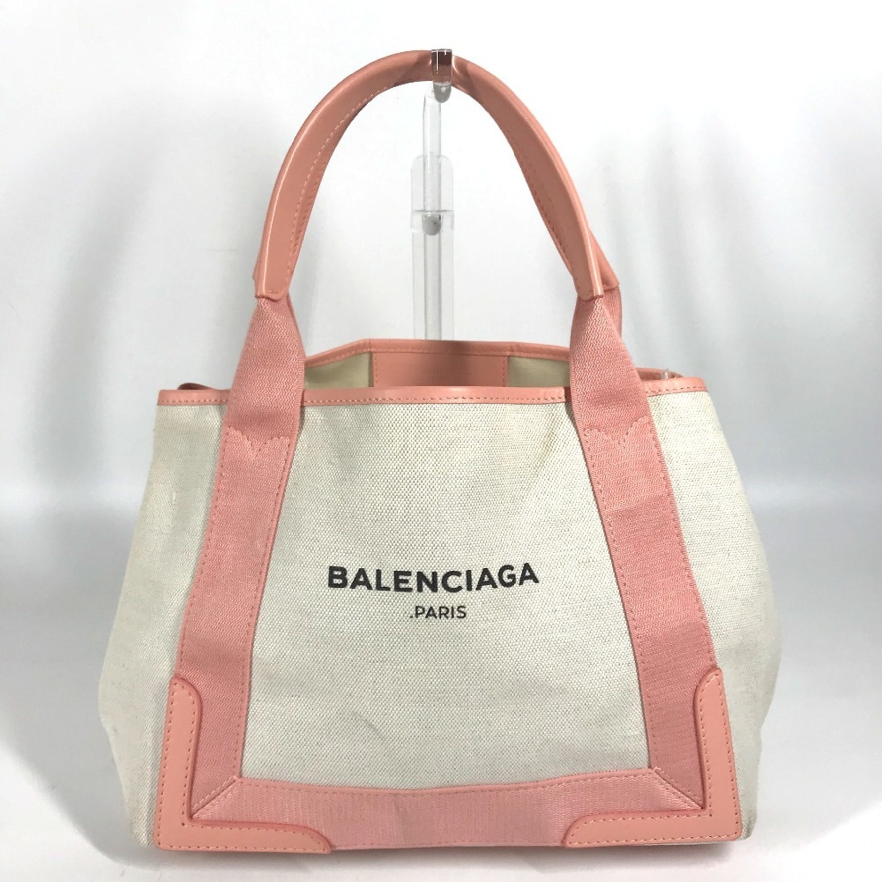 BALENCIAGA Navy Cabas S Handbag Tote Bag in Canvas/Leather, Natural/Light Pink