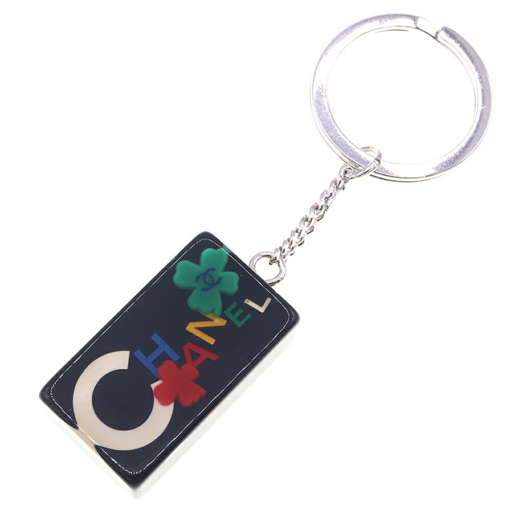 Chanel Key Ring Black Plastic Metal Holder Bag Charm Coco Mark Clover