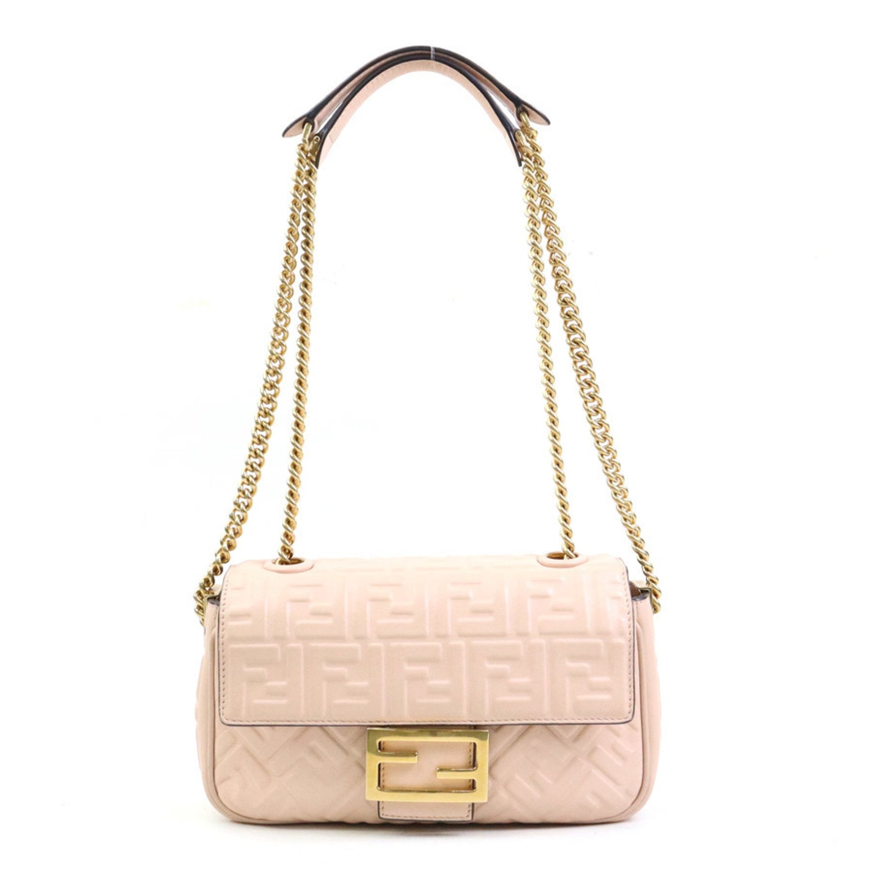 Fendi Baguette Chain Shoulder Bag, Midi Leather, Metal, Pink Beige, Gold