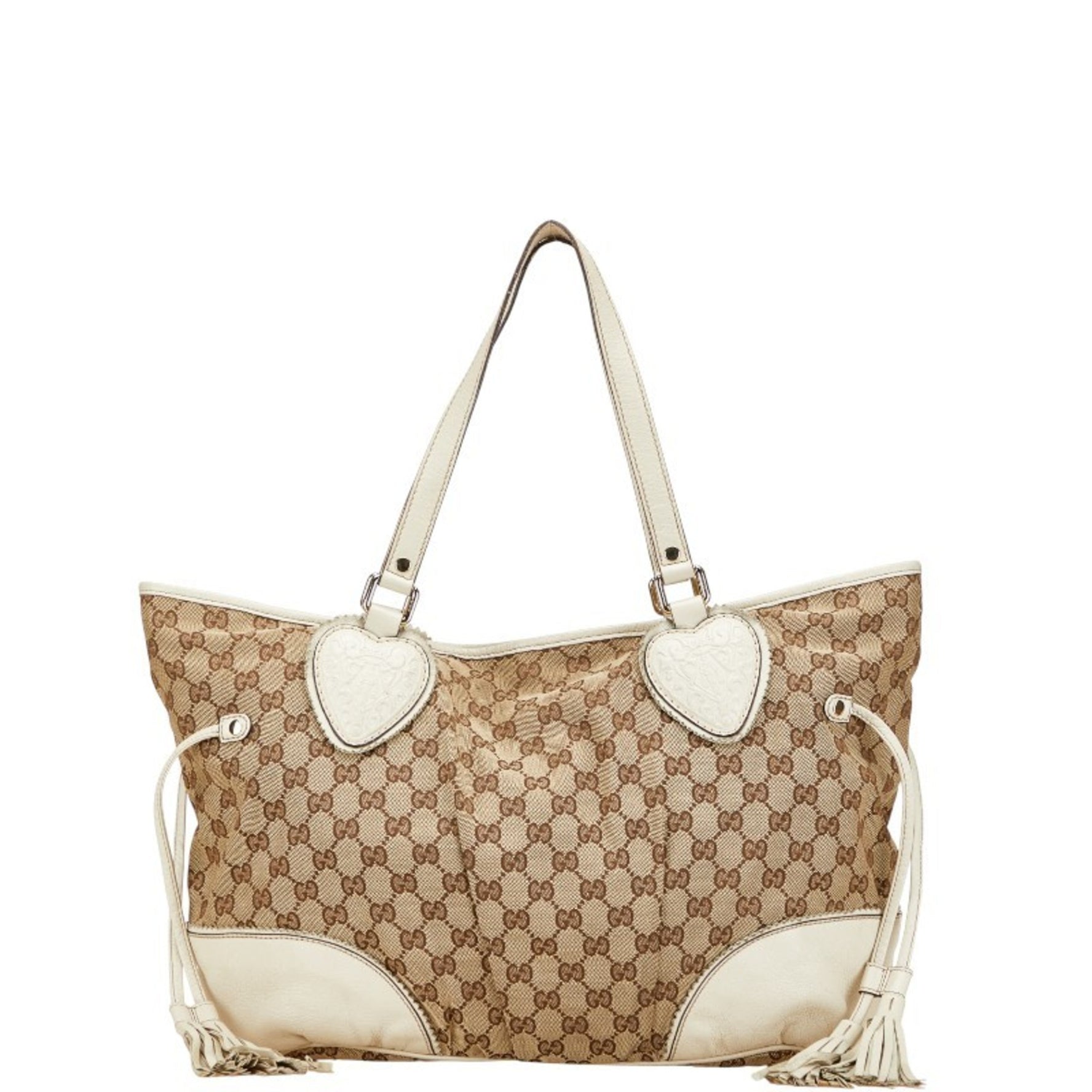 Gucci GG Canvas Tote Bag Shoulder Beige White Leather