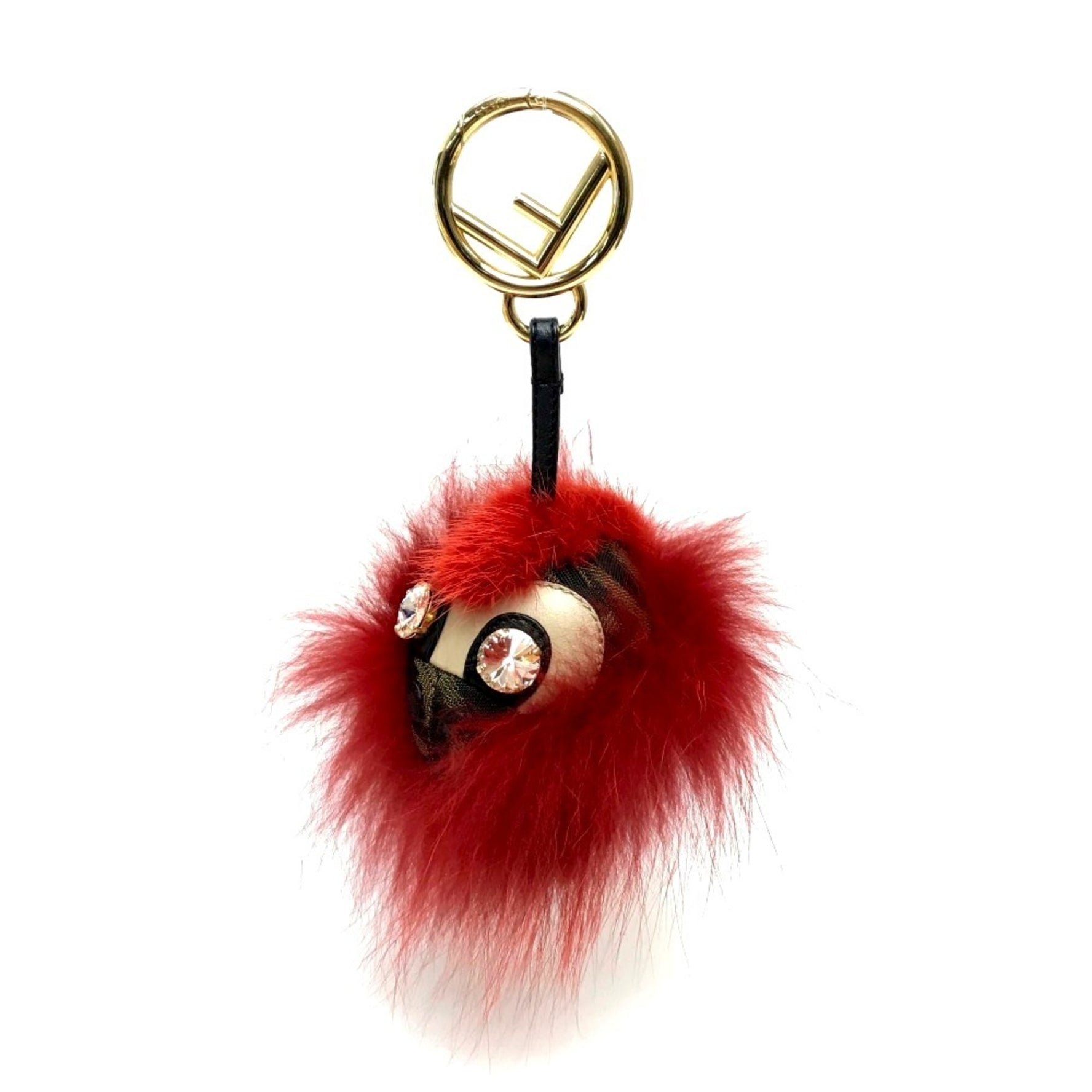 FENDI Real Fur Monster FF Pattern Key Ring with Beads, Red and Brown
