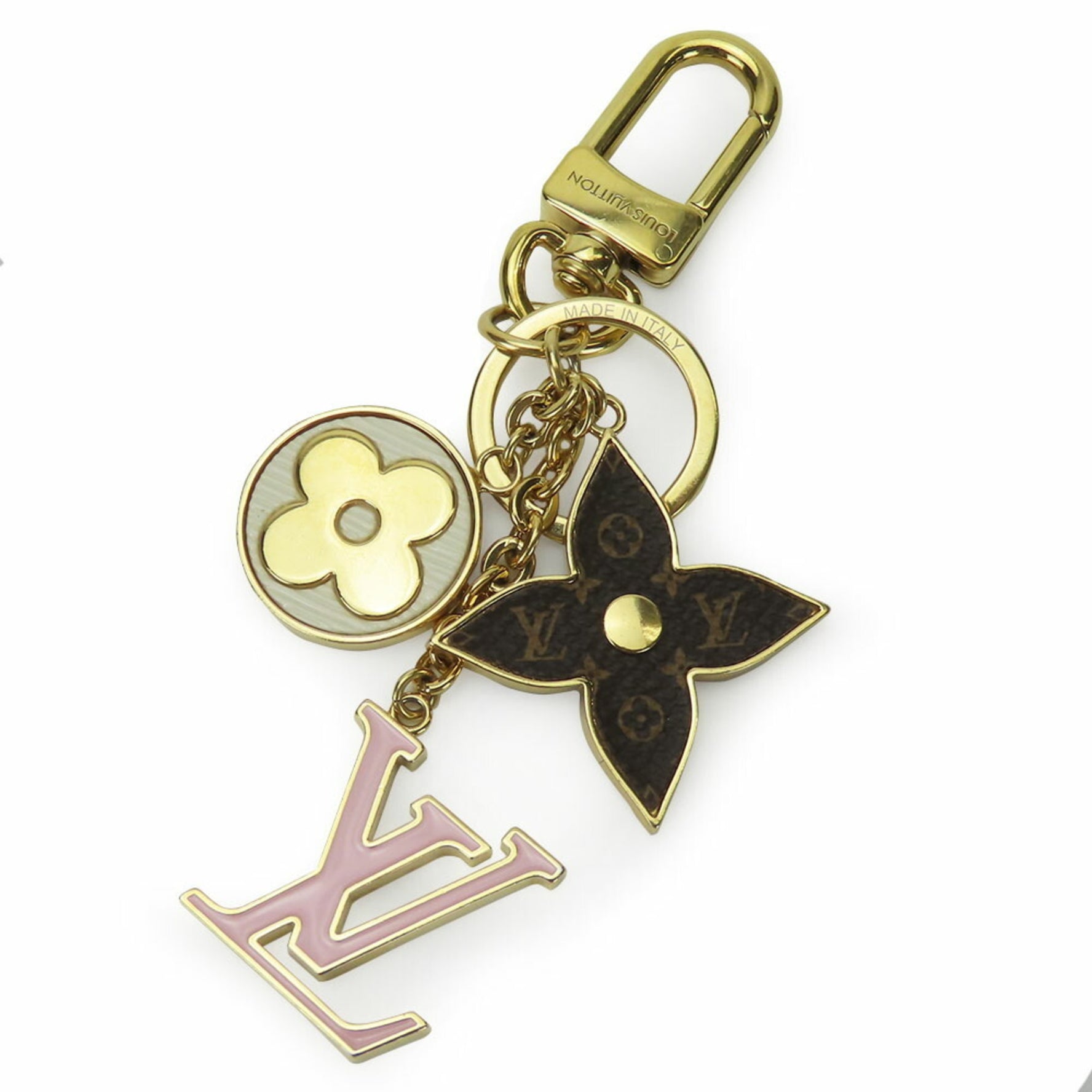 Louis Vuitton Keychain Spring Street LV Signature Monogram Metal Brown Pink White Key Ring Accessories