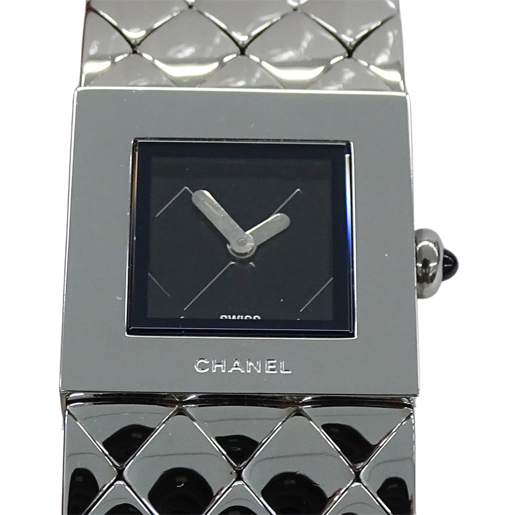 CHANEL Matelasse Quartz Watch, QZ Stainless Steel, Silver/Black Square, Polished