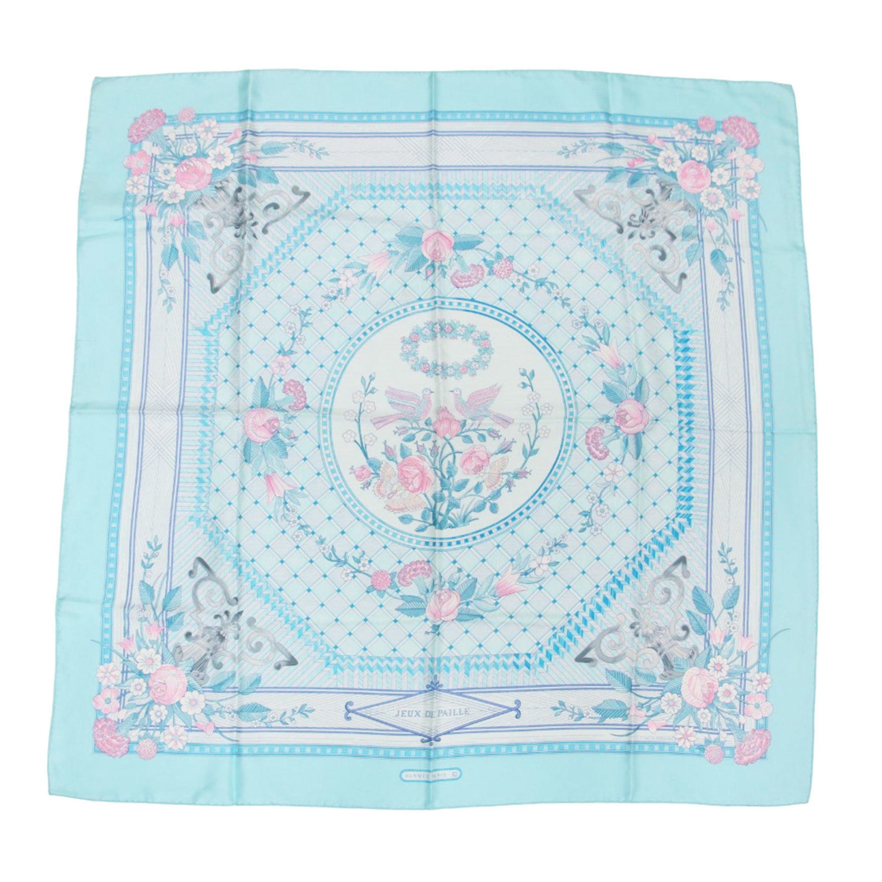 HERMES Carre 90 Silk Scarf Muffler JEUX DE PAILLE Straw Play Flower Large Light Blue