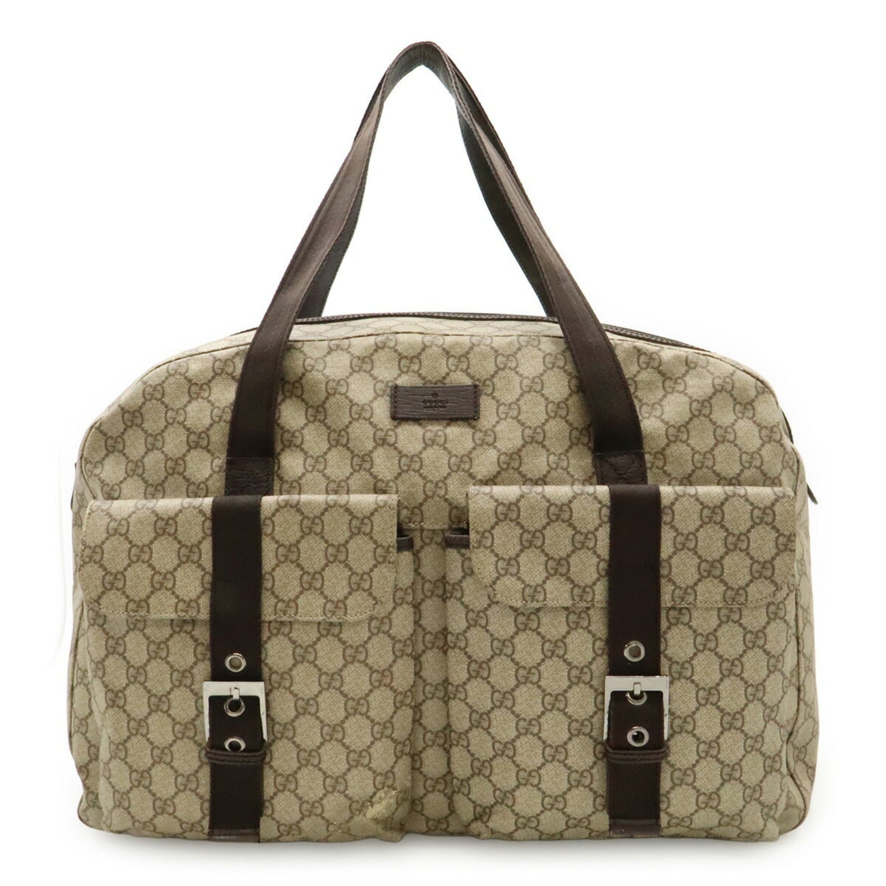 GUCCI GG Supreme Boston Tote Bag in PVC and Leather, Khaki Beige Dark Brown