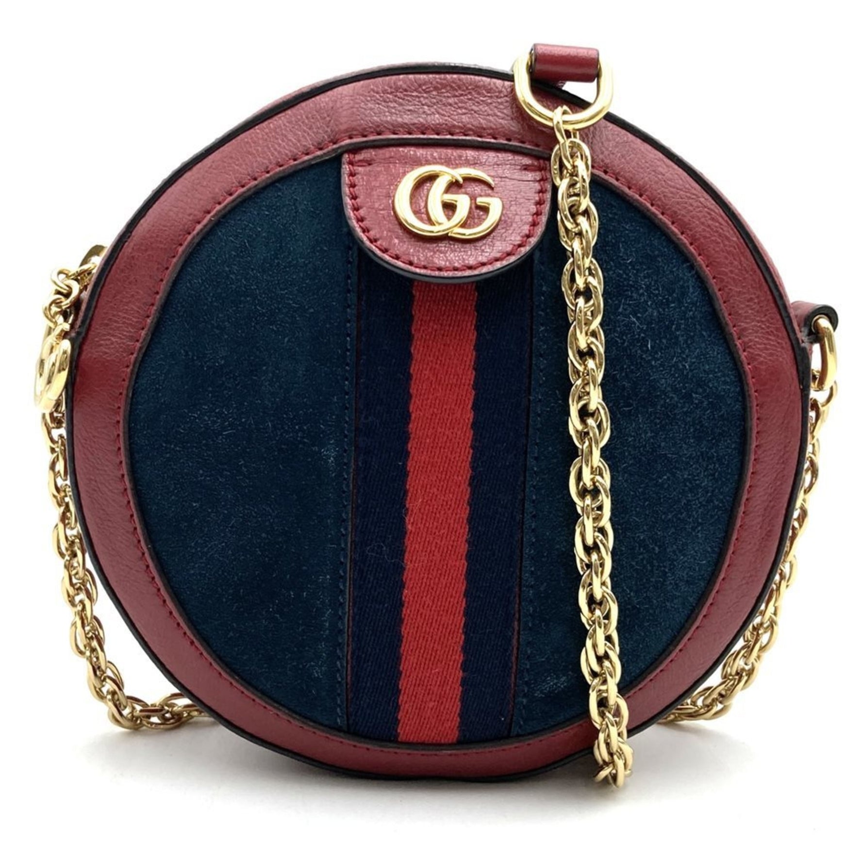 GUCCI GG Marmont Sherry Line Mini Round Ophidia Shoulder Bag Suede/Leather Red Navy