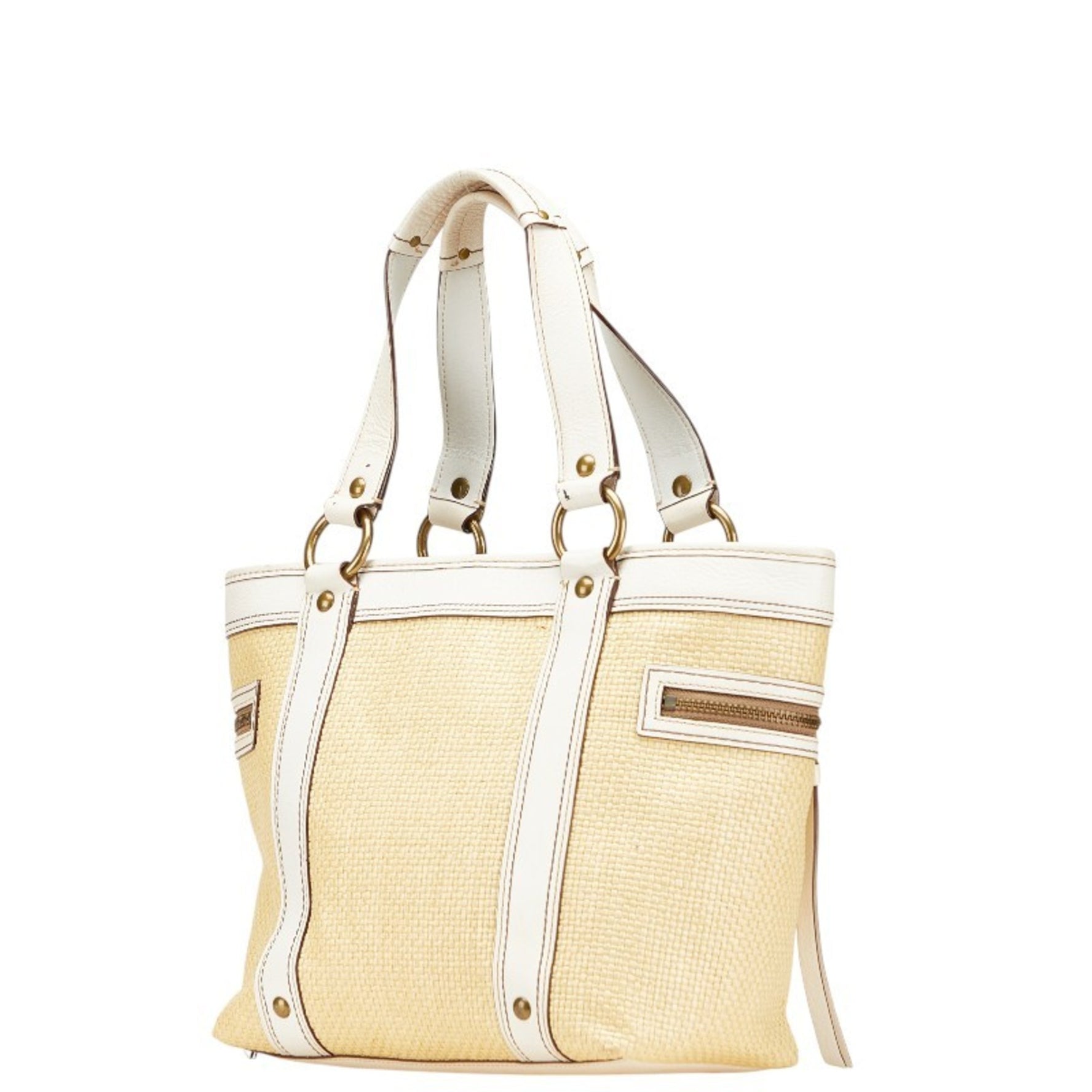 Coach Basket Bag Tote Beige White Straw Leather