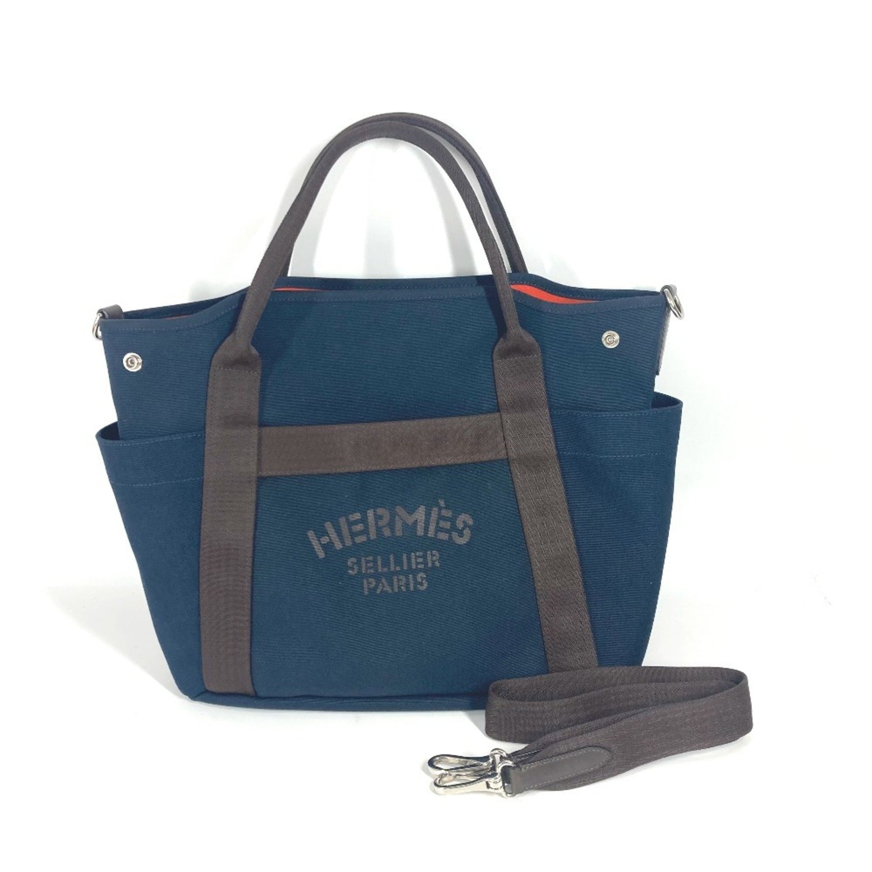 HERMES Sac de Pansage Groom Shoulder Bag Crossbody Tote Leather Canvas Navy