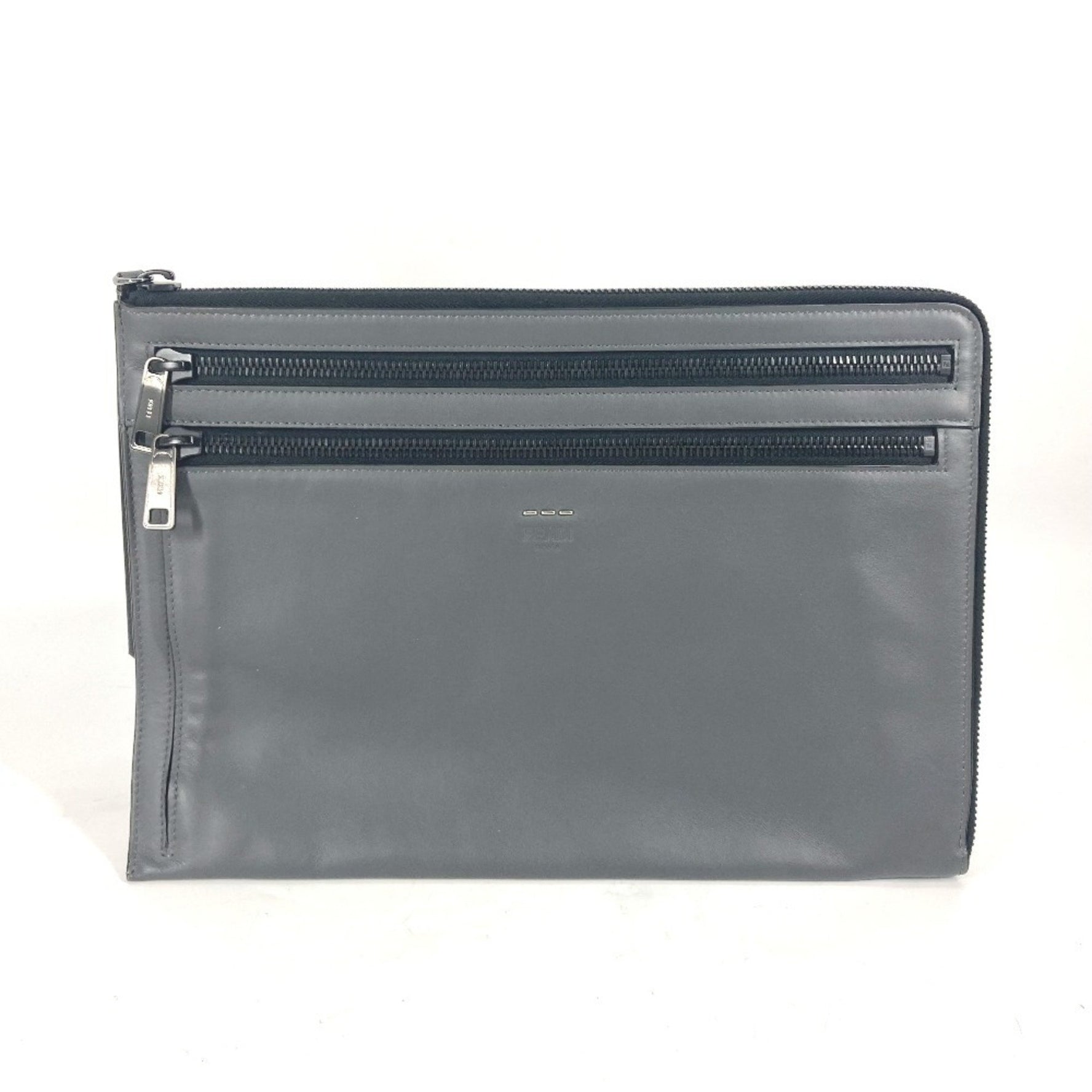 FENDI Zip Pouch Clutch Bag in Grey Leather