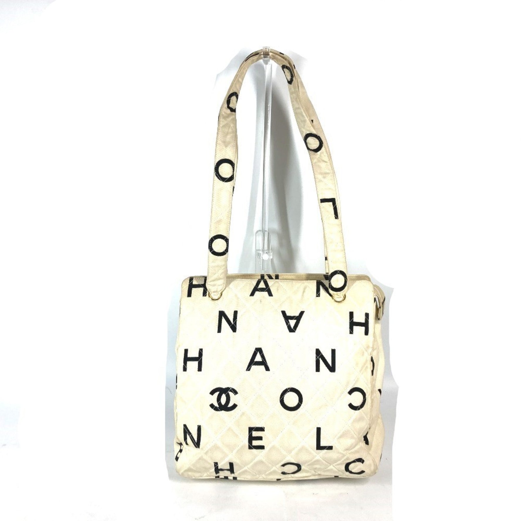 CHANEL Vintage CC Coco Mark Logo Icon Bag Shoulder Tote Canvas White