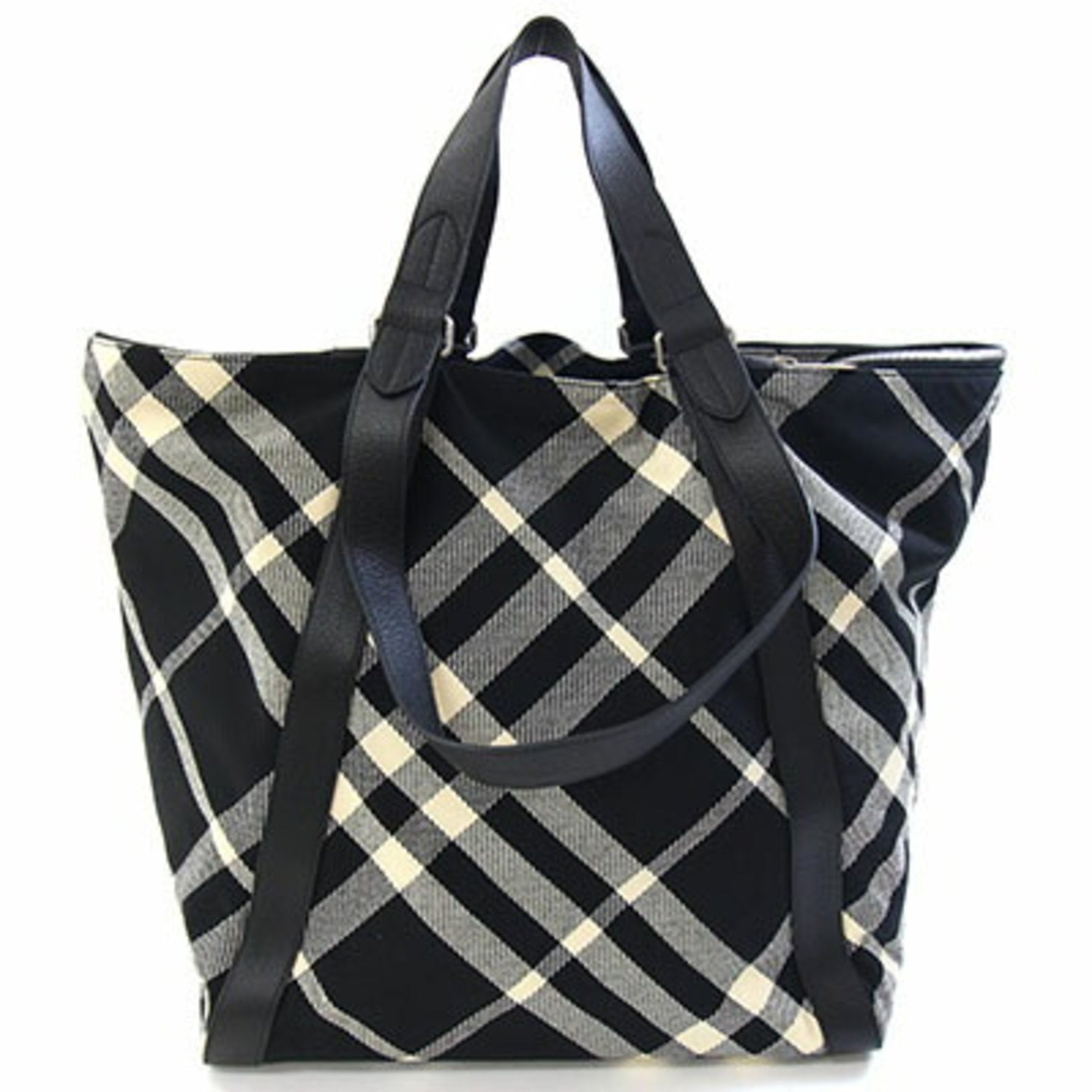 Burberry Tote Bag Black Ivory Cream Canvas and Leather Large Check Pattern Hand