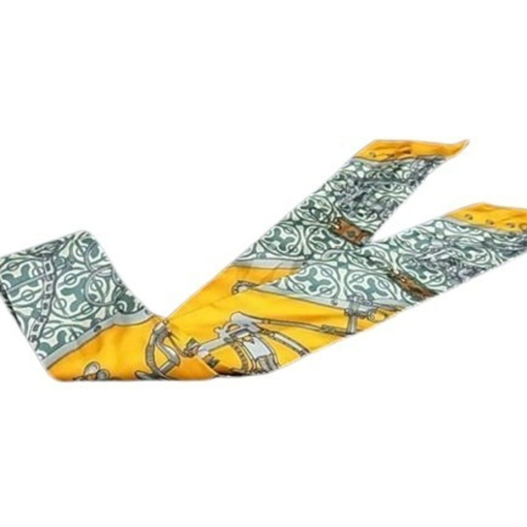 HERMES MORS ET GOURMETTES REMIX Twilly Scarf with Bit and Chain - Yellow Multicolor, 100% Silk, Women's Ribbon