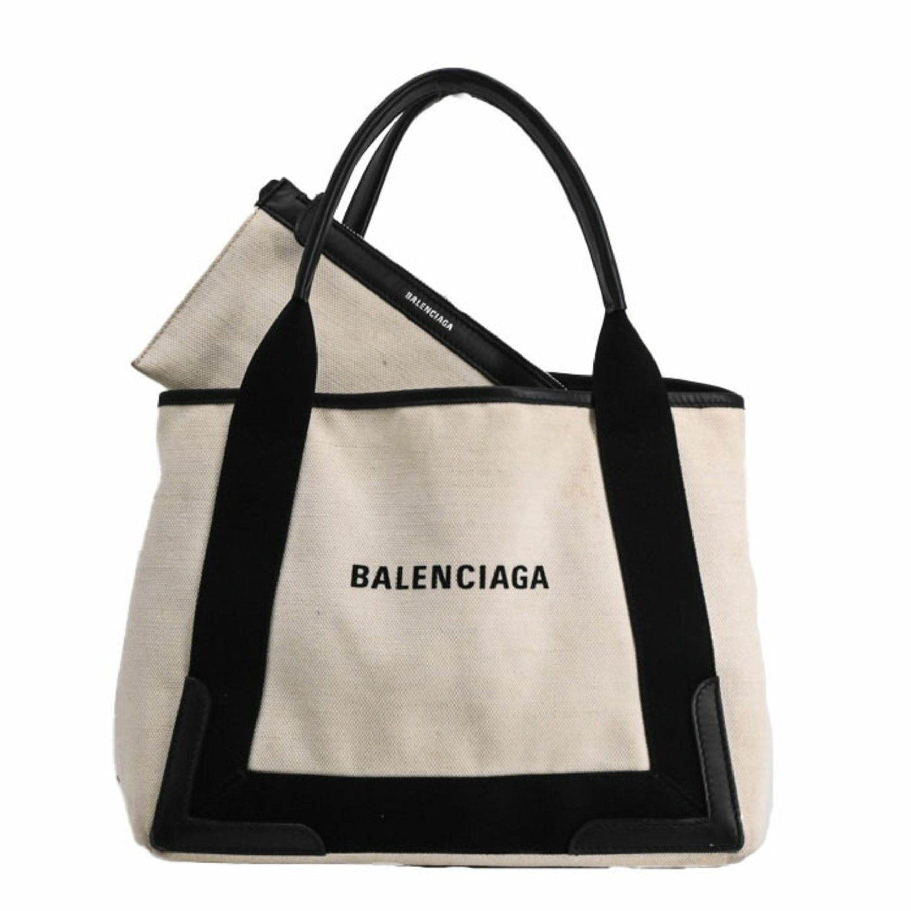 BALENCIAGA Navy Cabas S Tote Bag in Leather and Canvas, White Ivory