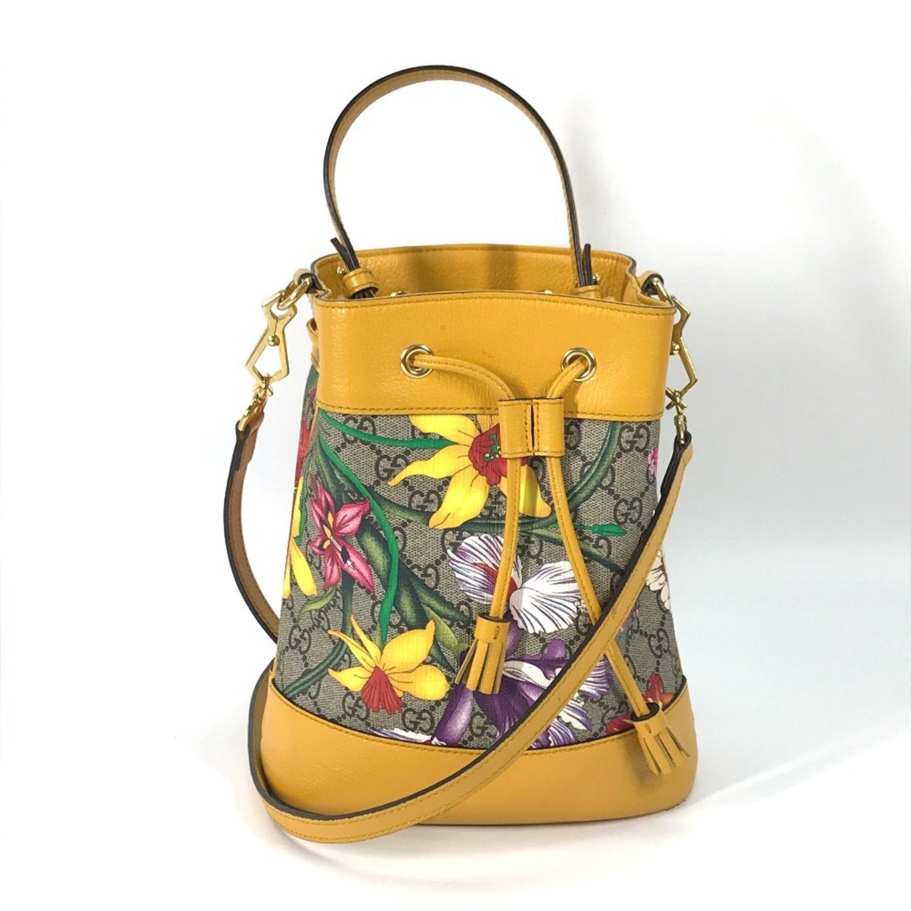 GUCCI GG Flora Flower Small Bucket Shoulder/Handbag, Supreme Canvas, Beige