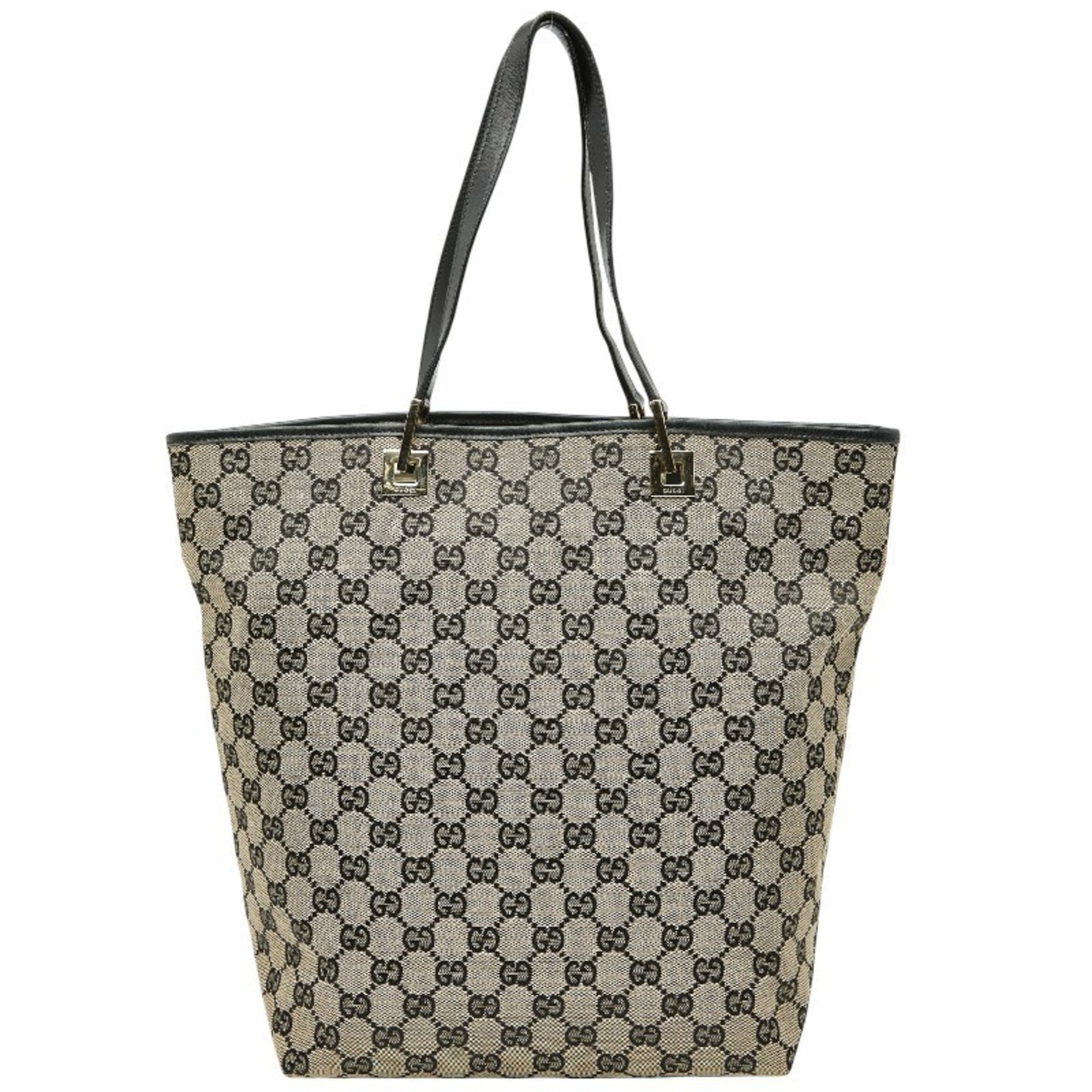 Gucci GG Canvas Tote Bag Handbag 002 1098 Beige Black Leather