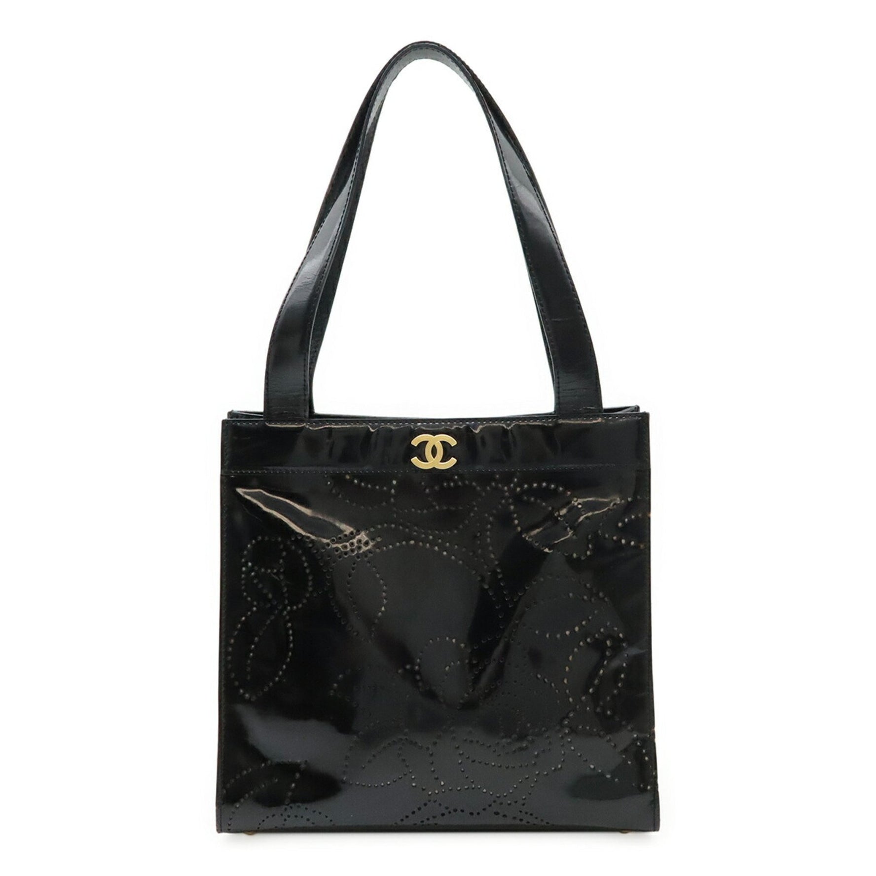 CHANEL Coco Mark Camellia Punching Tote Bag Shoulder Enamel Patent Leather