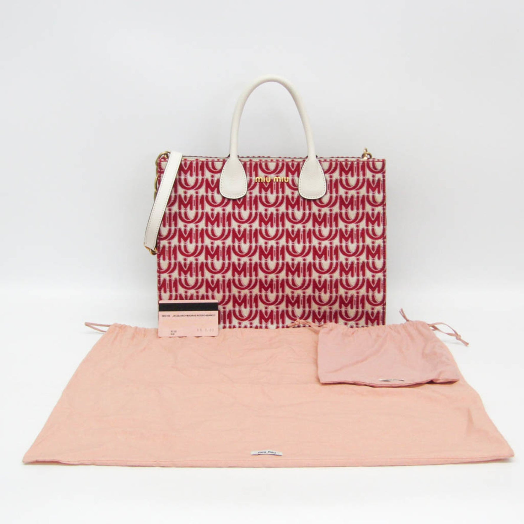 Miu Miu Jacquard,Leather Shoulder Bag,Tote Bag Red Color,White