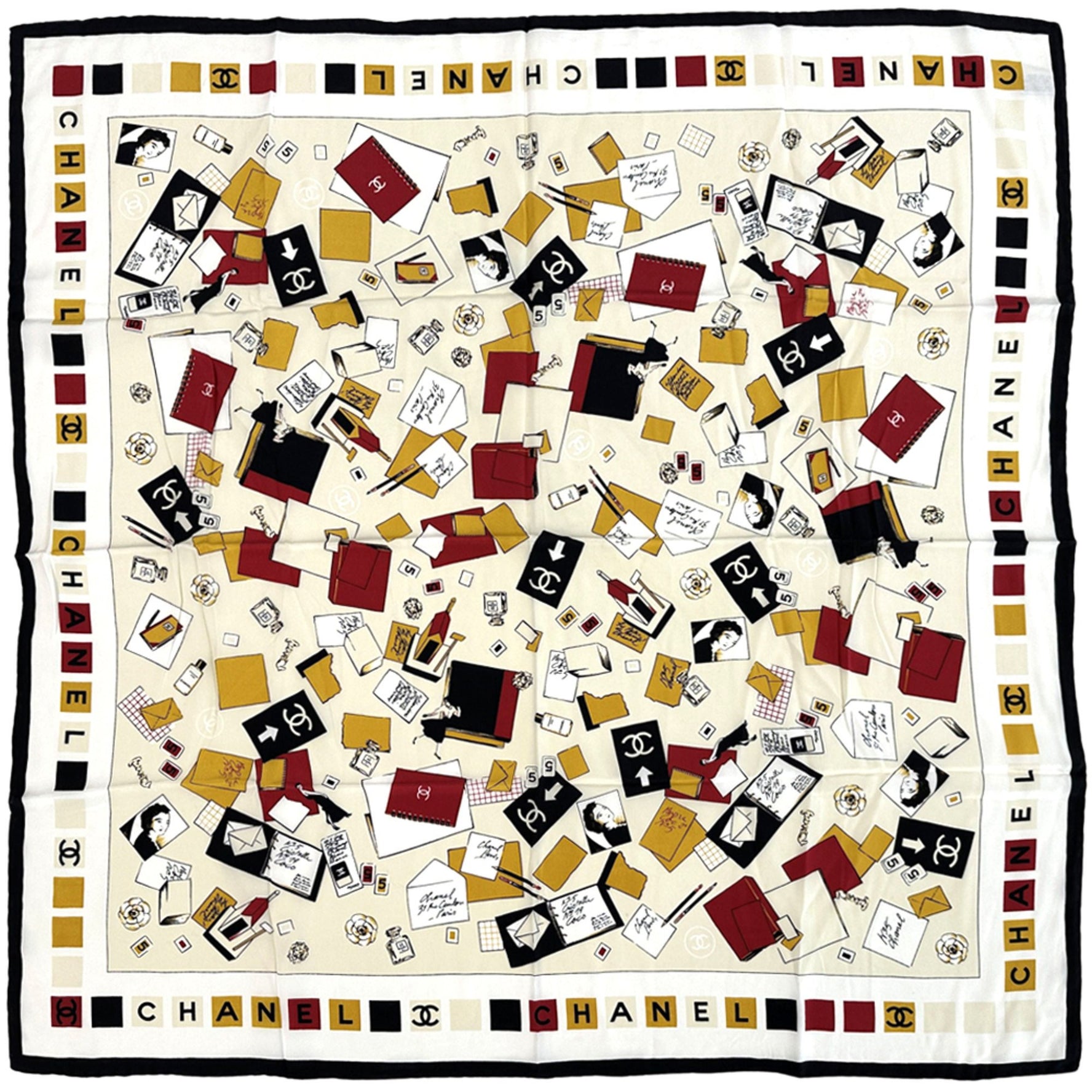CHANEL Coco Mark No. 5 Camellia Icon Scarf, Silk, White, Black, Multicolor