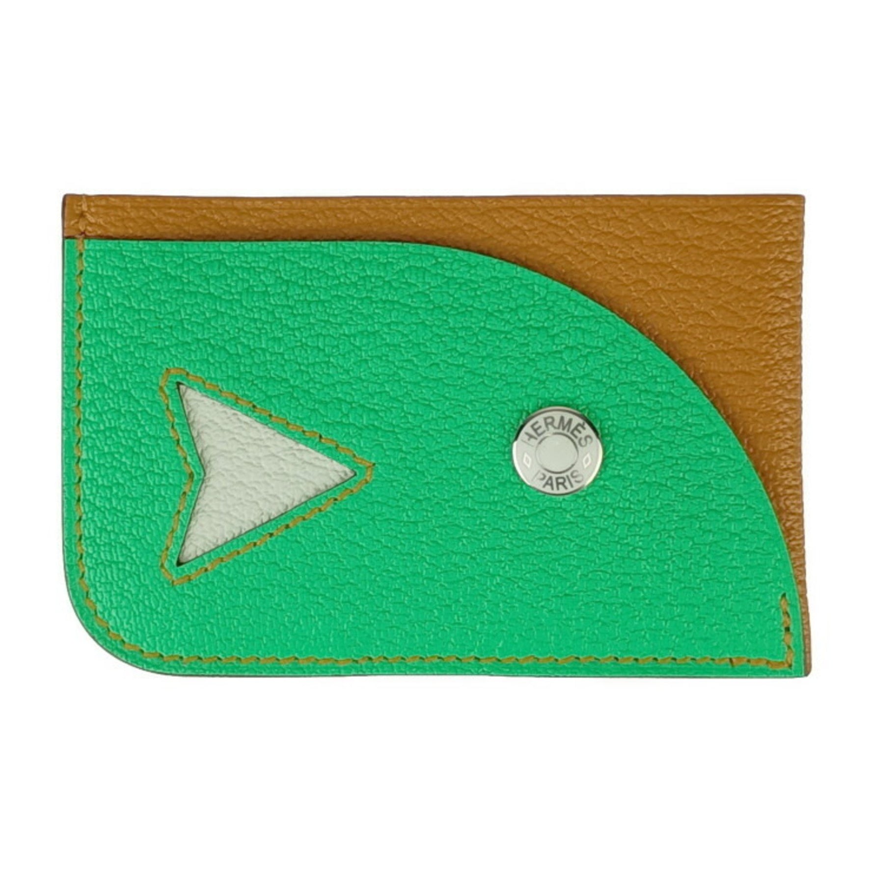 HERMES Business Card Holder/Card Case POISSON CARAMEL+VERT COMICS+VERT FIZZ Green Brown Chevre Men's Pass B Engraved