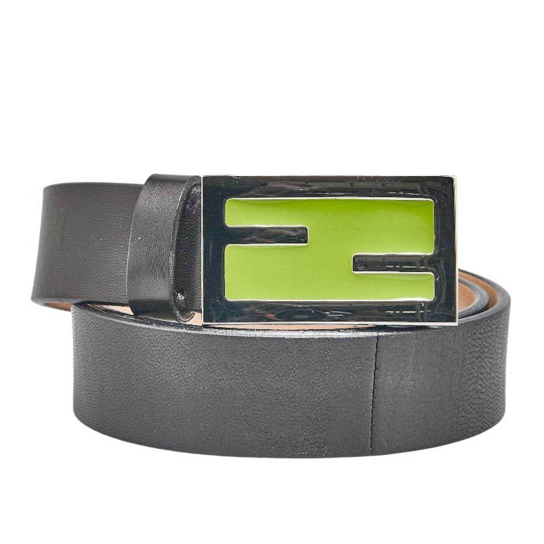 FENDI Belt 38 Black Silver Green Leather
