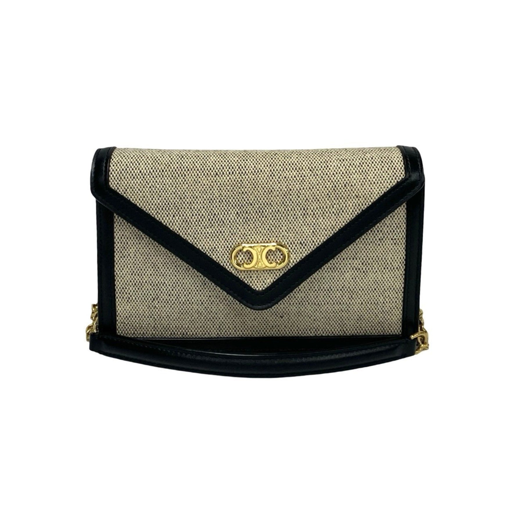 CELINE Triomphe Chain Shoulder Bag in Canvas and Leather, Mini Pochette, Black Ivory