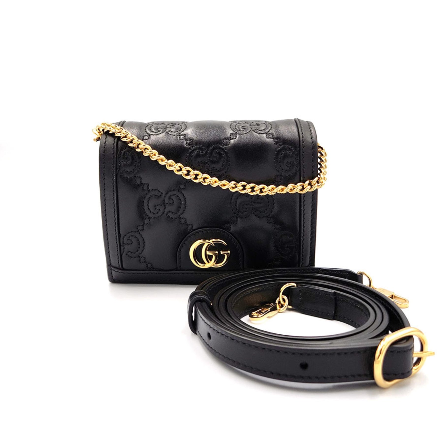 GUCCI GG Matelasse Shoulder Bag Black Leather Handbag Women's