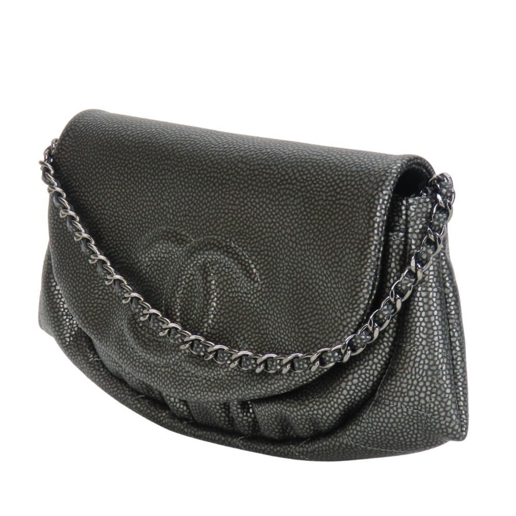 Chanel Half Moon Chain Wallet Shoulder Bag in Metallic Soft Caviar Leather with Coco Mark