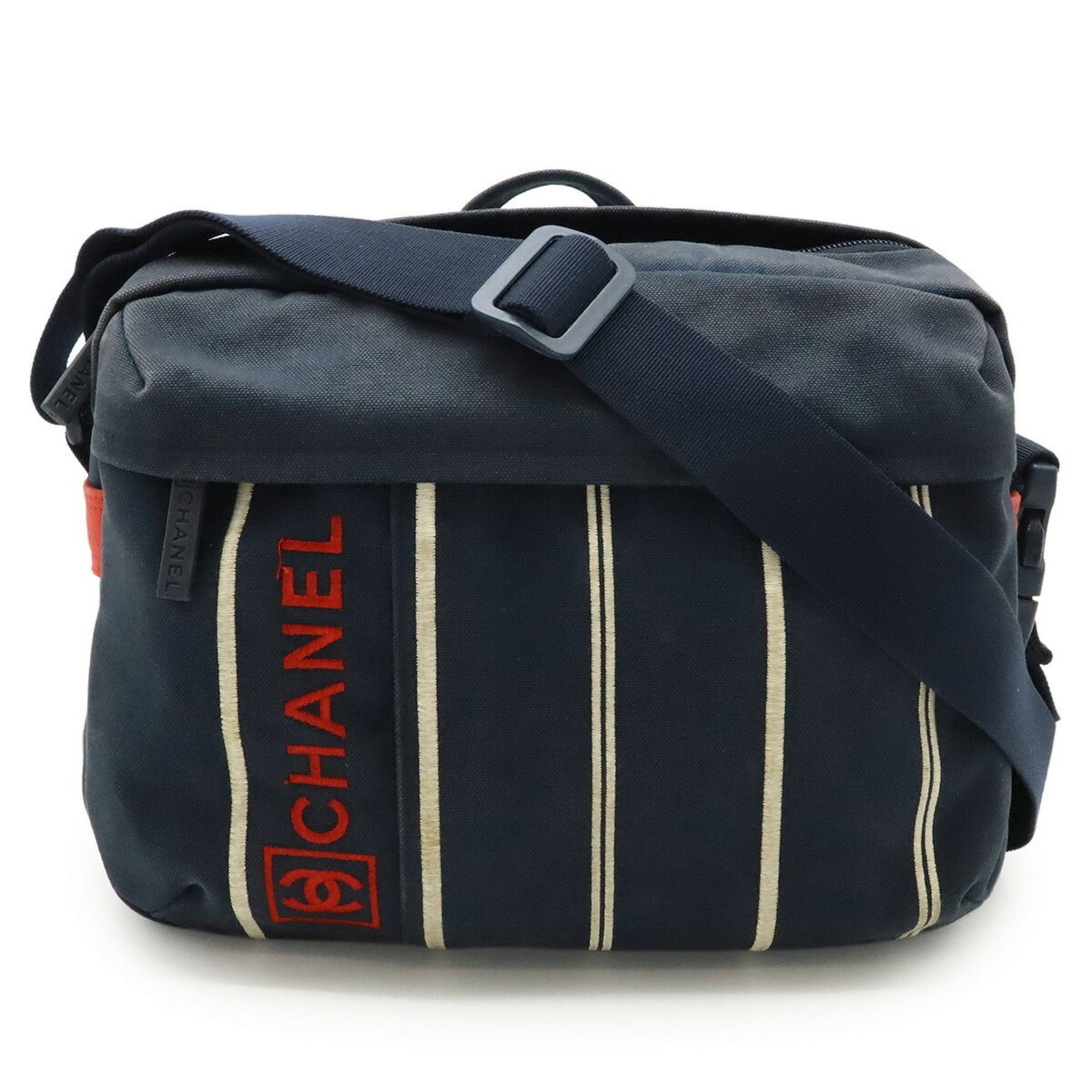 CHANEL Sport Line Coco Mark Shoulder Bag Canvas Navy Red White
