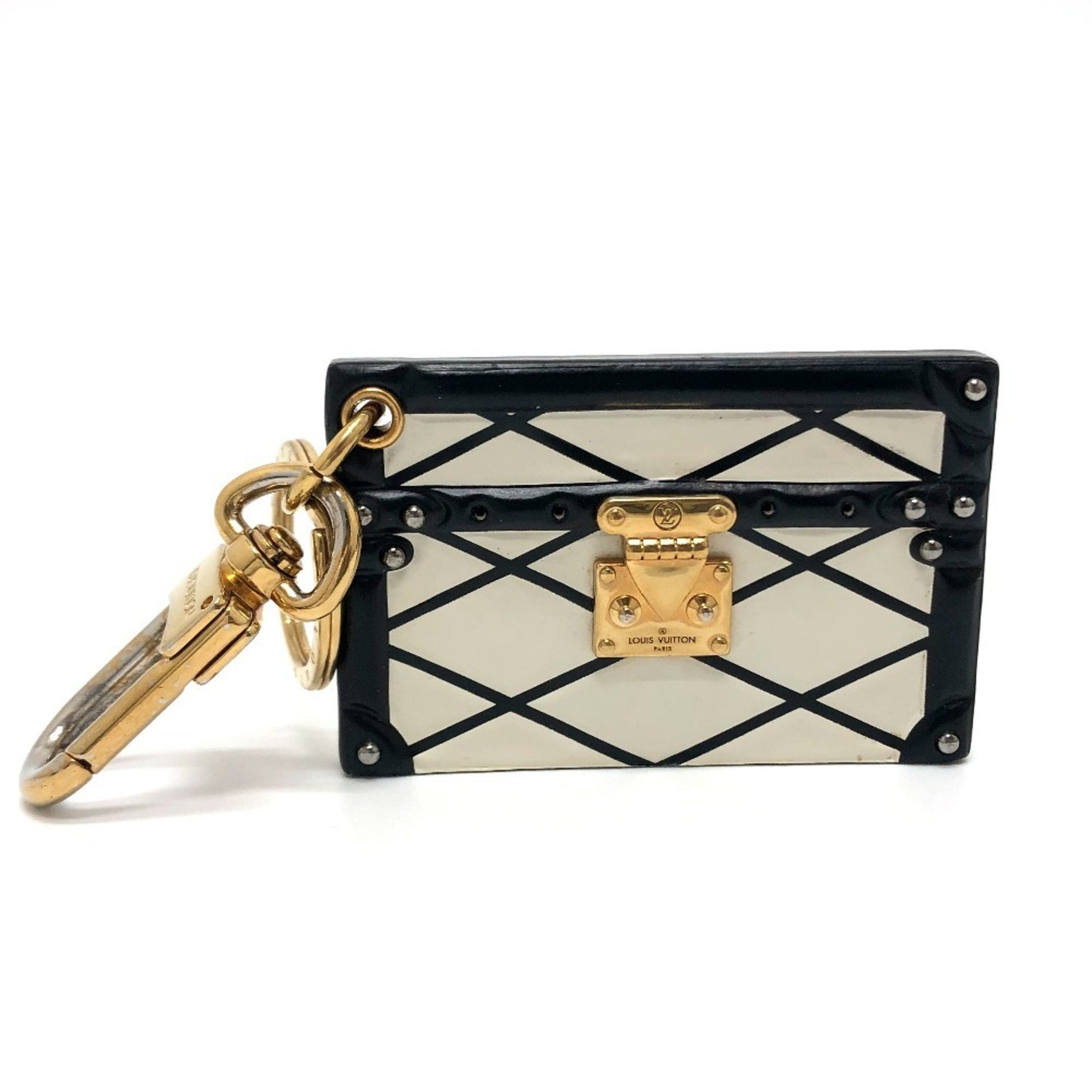 Louis Vuitton Trunk Petite Malle Keychain Charm Key Ring Metal/Leather White x Black Gold
