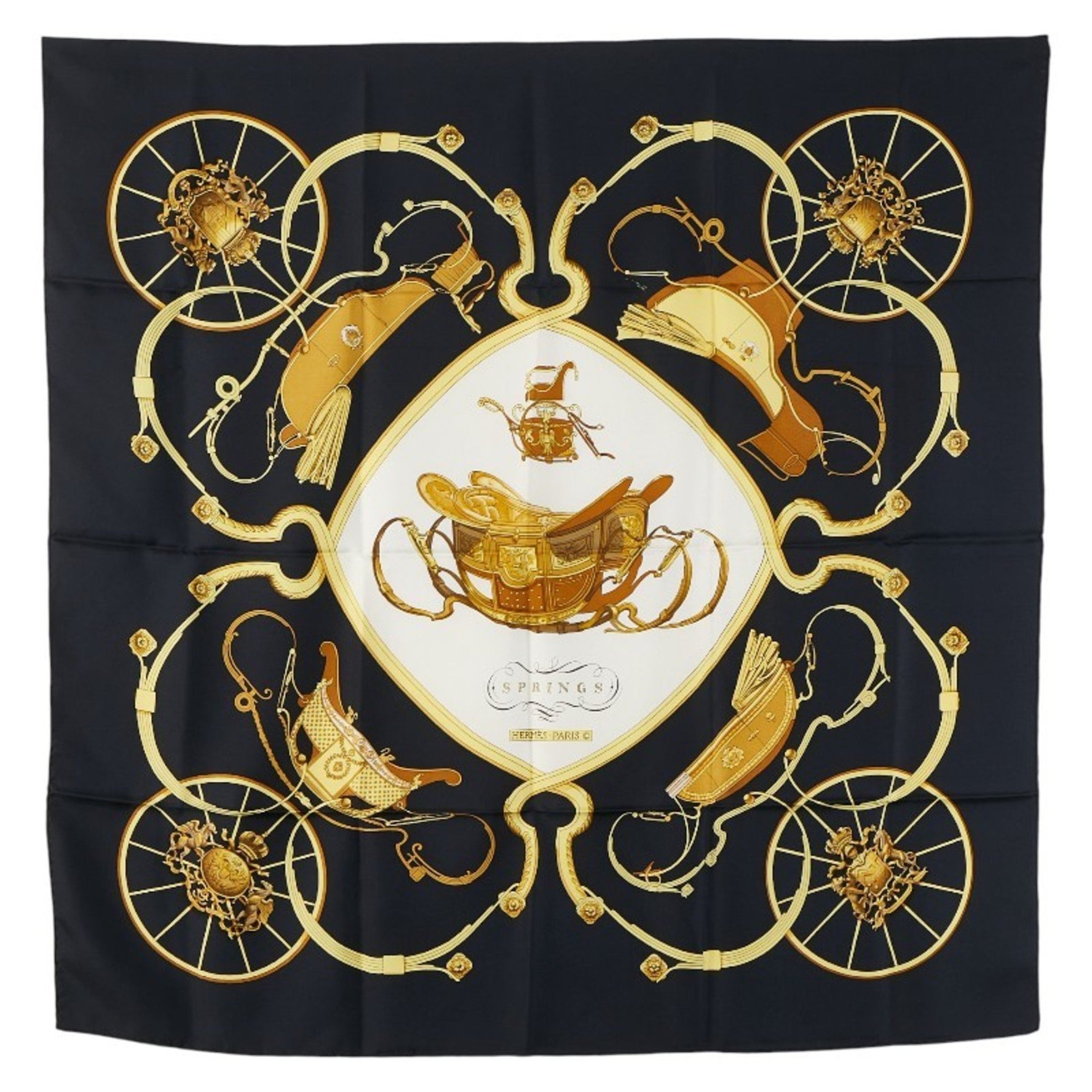 Hermes Hermès Carré 90 SPRINGS Carriage Print Scarf, Black and Multicolor Silk