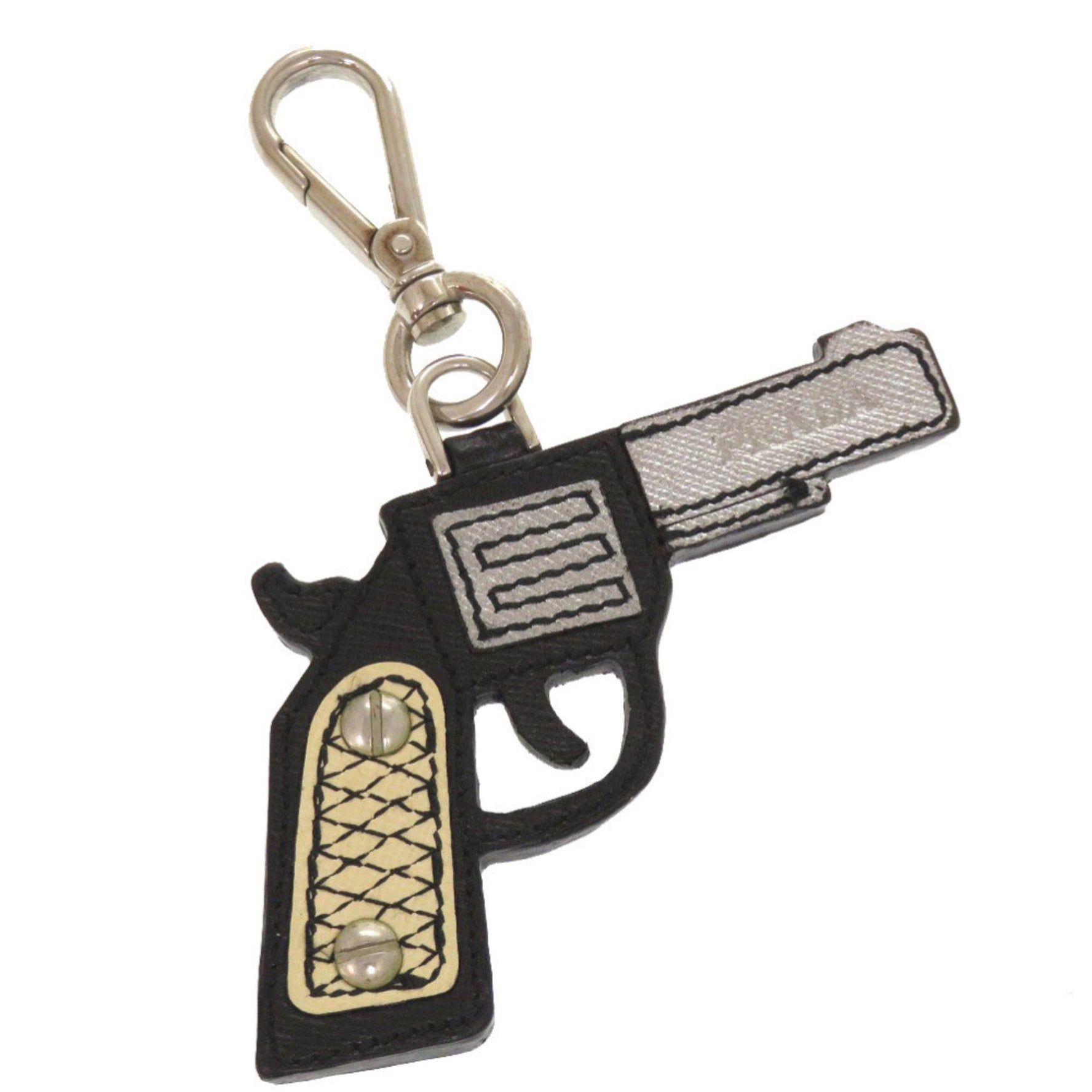 Prada Pistol Motif Saffiano Leather and Silver Bag Charm Keychain 1090