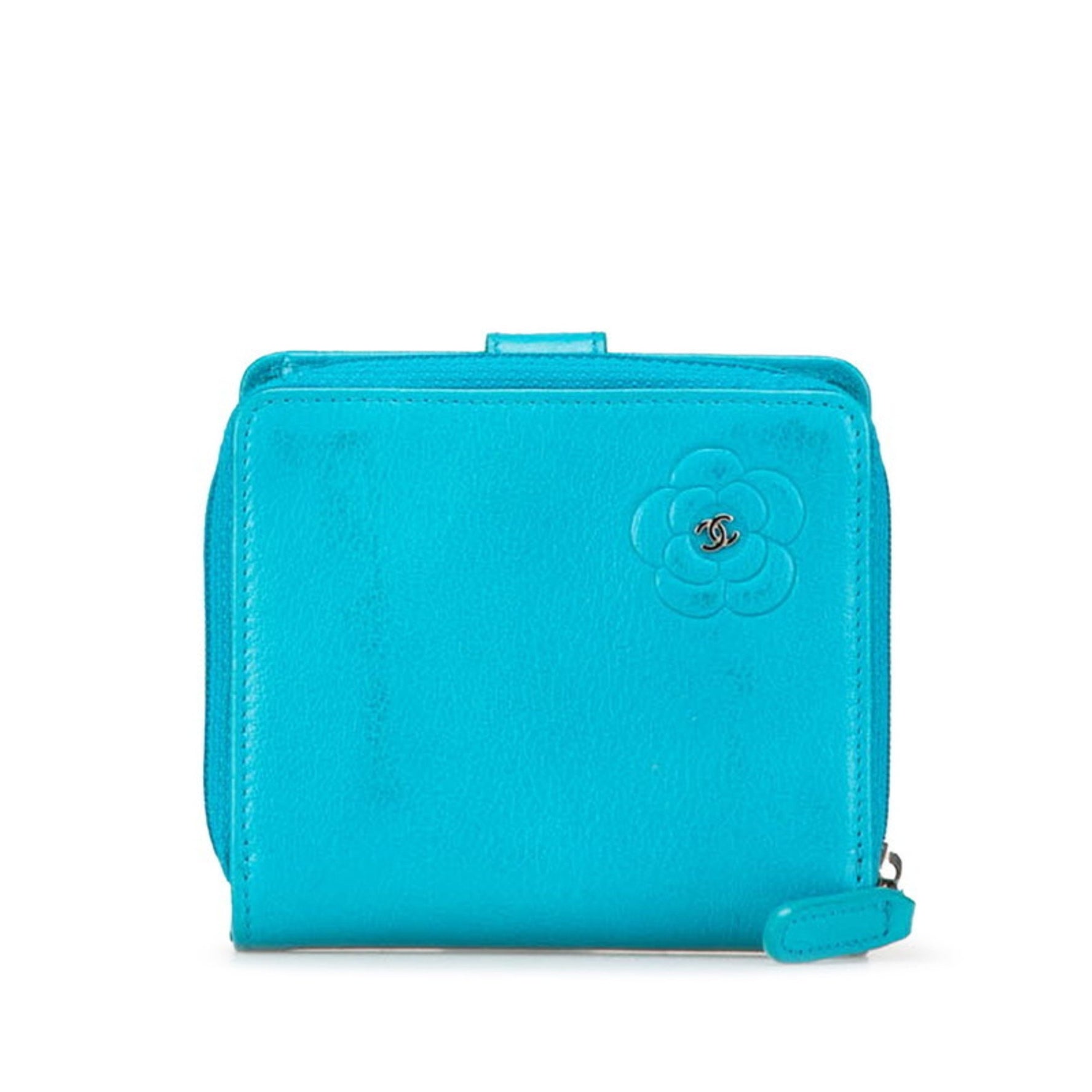 CHANEL Camellia Coco Mark Bi-fold Wallet Light Blue Lambskin