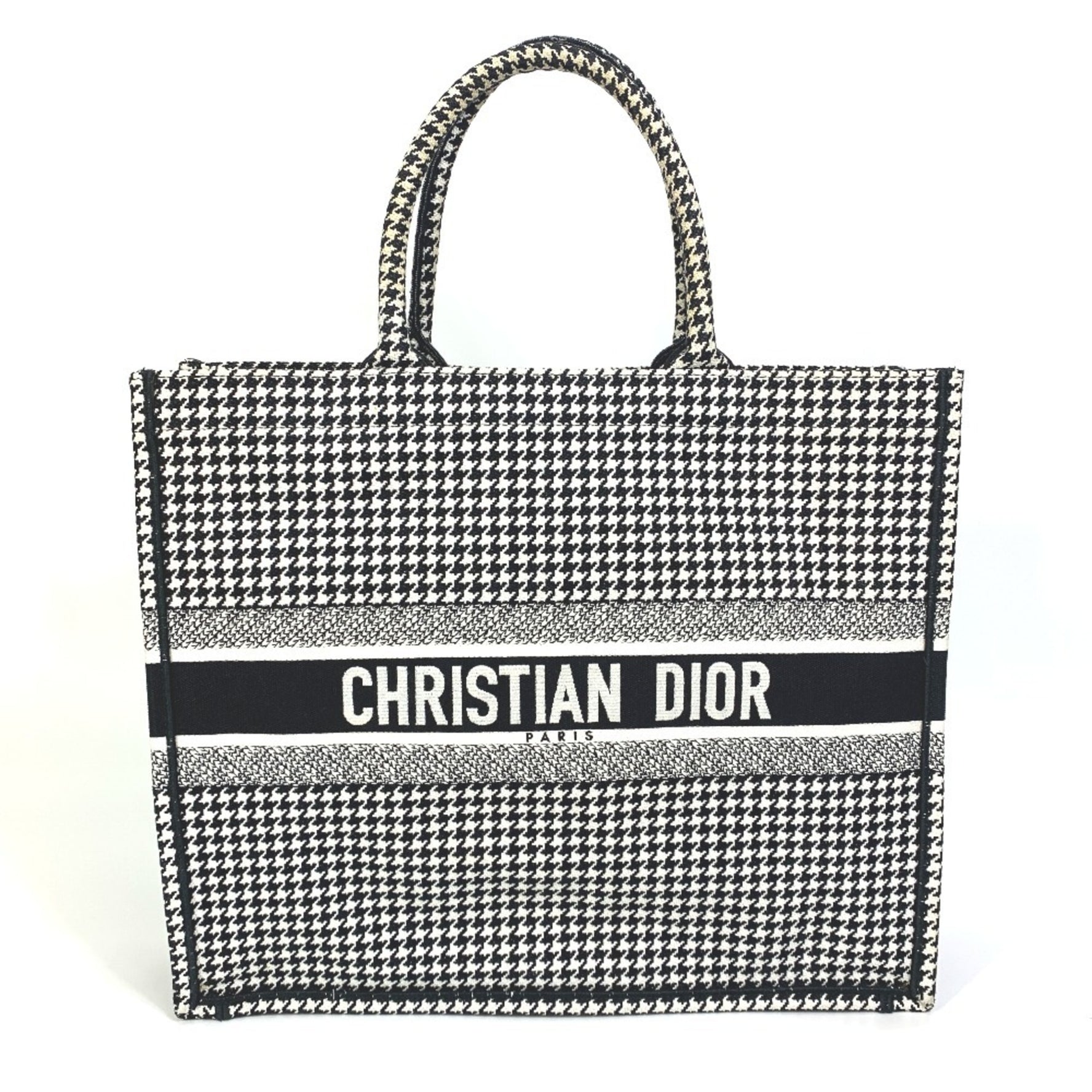 Christian Dior Dior Houndstooth Embroidered Book Tote Canvas Shoulder Bag in White/Black