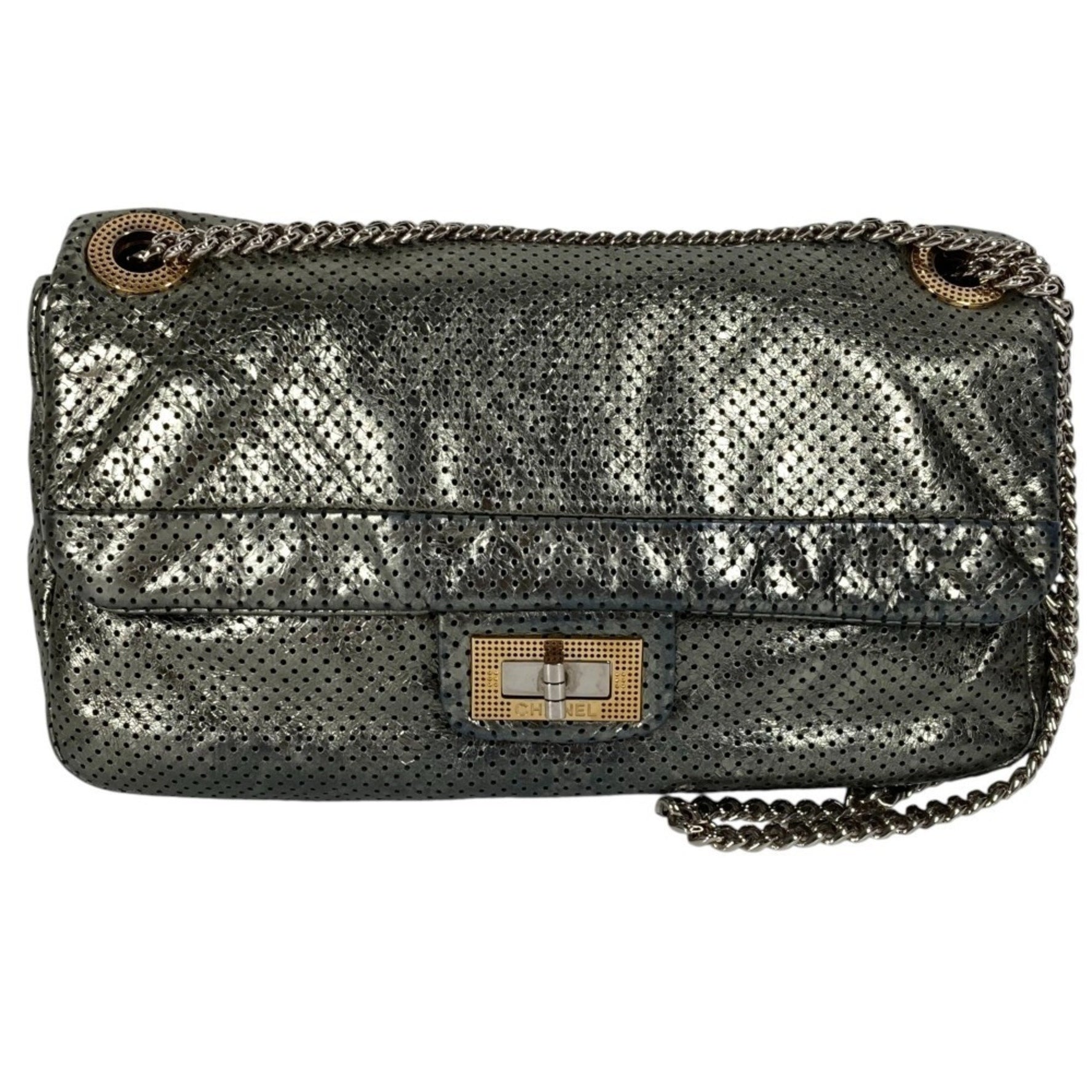CHANEL Metallic Gray Leather Flap Shoulder Bag with Double Chain and Hardware
